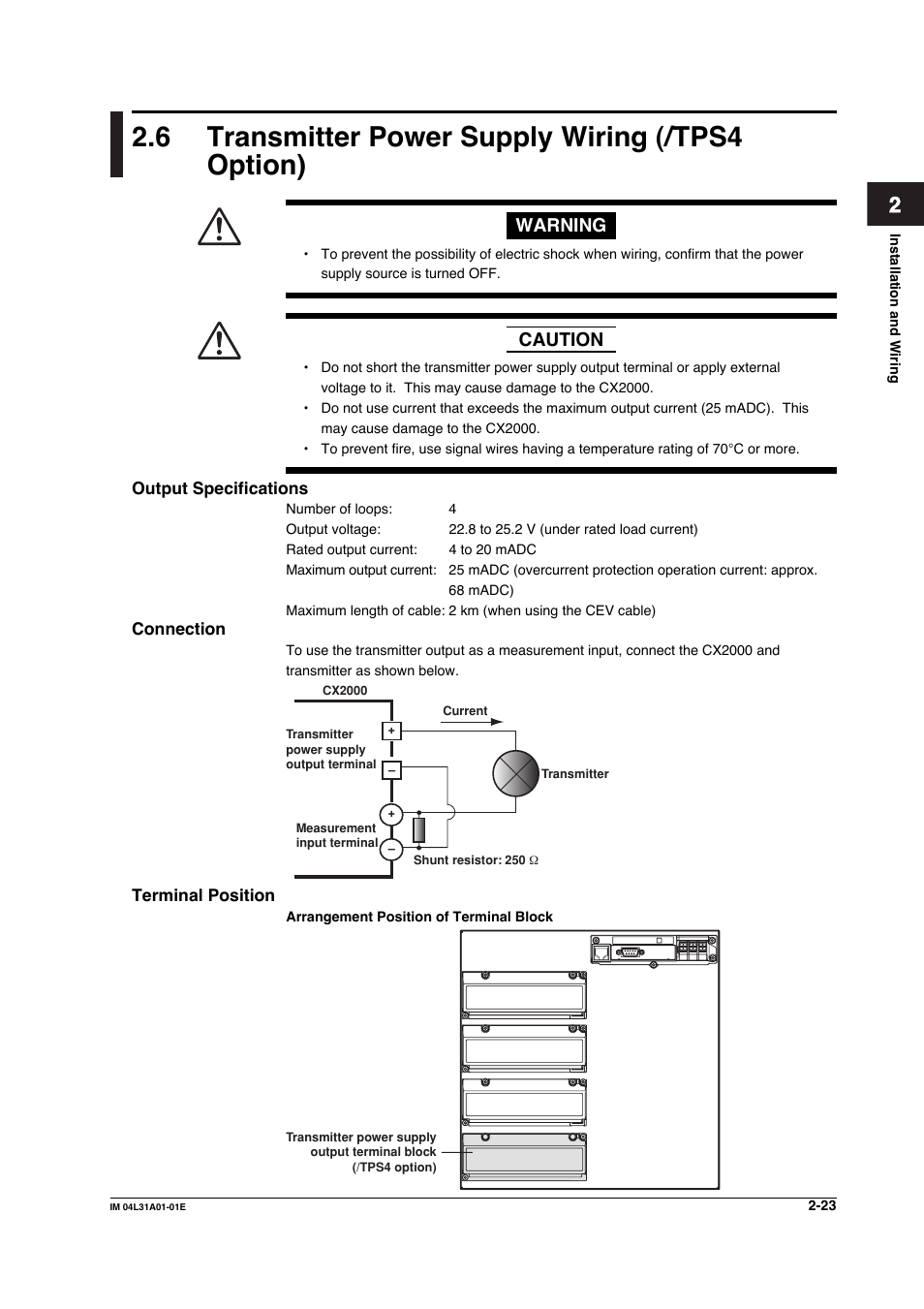 6 transmitter power supply wiring (/tps4 option), Transmitter power supply wiring (/tps4 option) -23 | Yokogawa Data Acquisition with PID Control CX2000 User Manual | Page 140 / 427