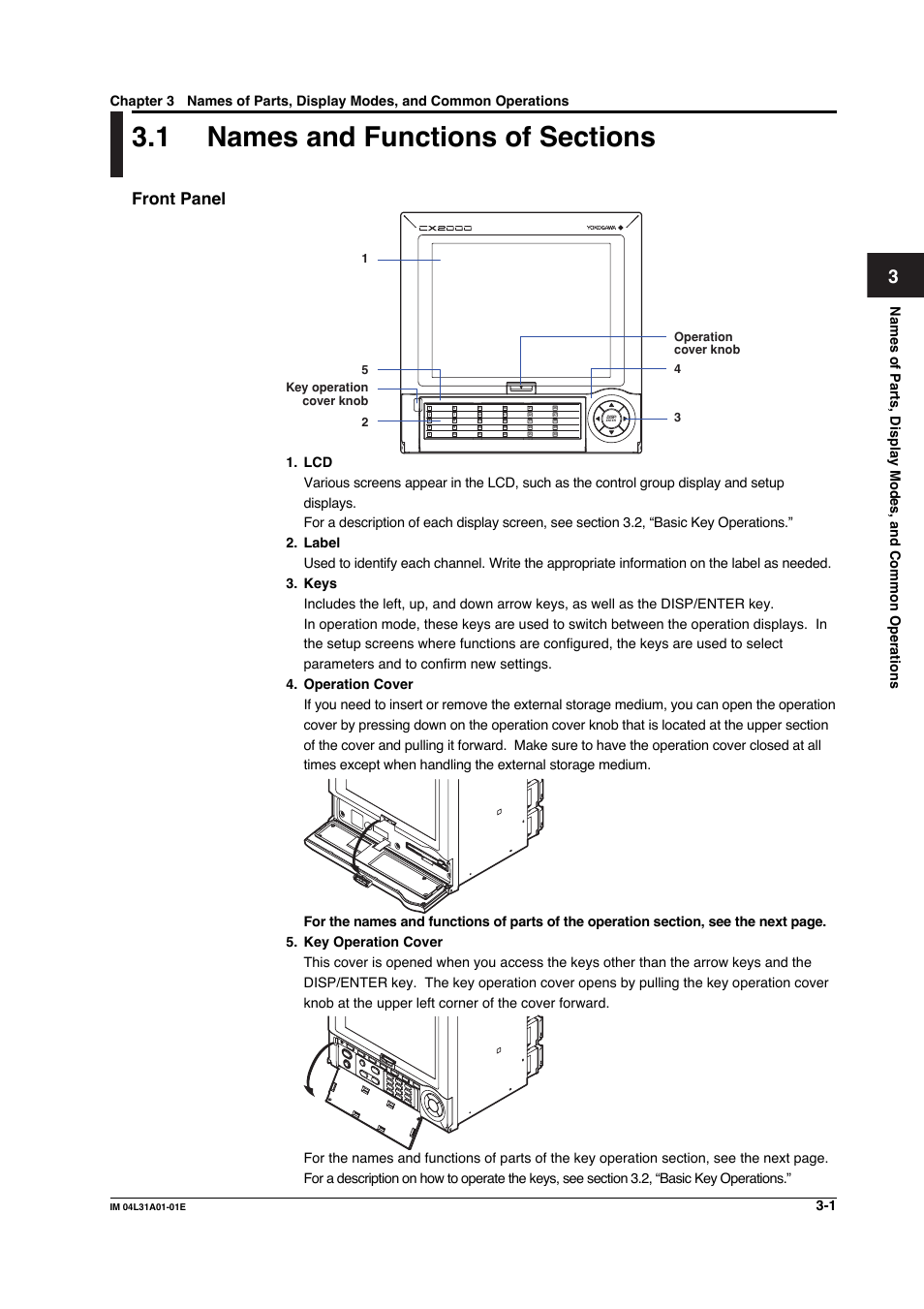 1 names and functions of sections, Names and functions of sections -1, Front panel | Yokogawa Data Acquisition with PID Control CX2000 User Manual | Page 142 / 427