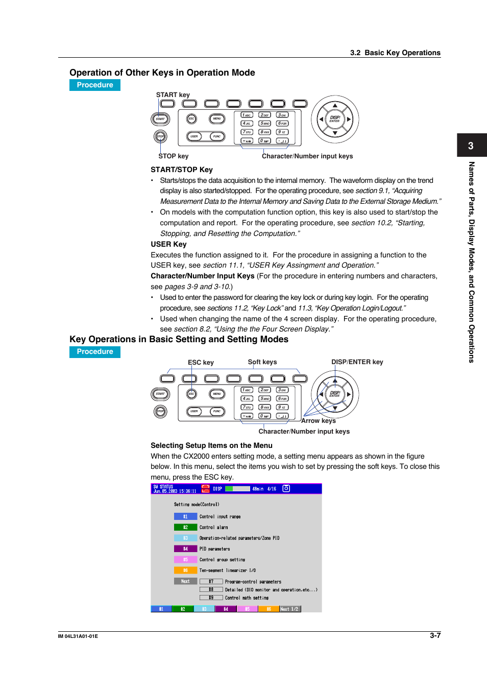 Operation of other keys in operation mode, Key operations in basic setting and setting modes, Procedure | Yokogawa Data Acquisition with PID Control CX2000 User Manual | Page 148 / 427