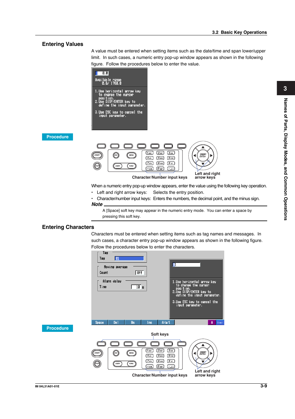 Entering values, Entering characters, 2 basic key operations | Character/number input keys, Left and right arrow keys, Left and right arrow keys soft keys | Yokogawa Data Acquisition with PID Control CX2000 User Manual | Page 150 / 427