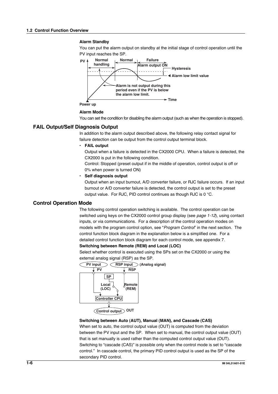 Fail output/self diagnosis output, Control operation mode | Yokogawa Data Acquisition with PID Control CX2000 User Manual | Page 18 / 427