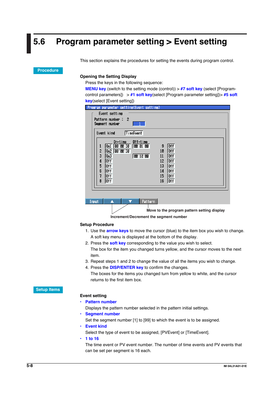 6 program parameter setting > event setting, Program parameter setting > event setting -8 | Yokogawa Data Acquisition with PID Control CX2000 User Manual | Page 217 / 427