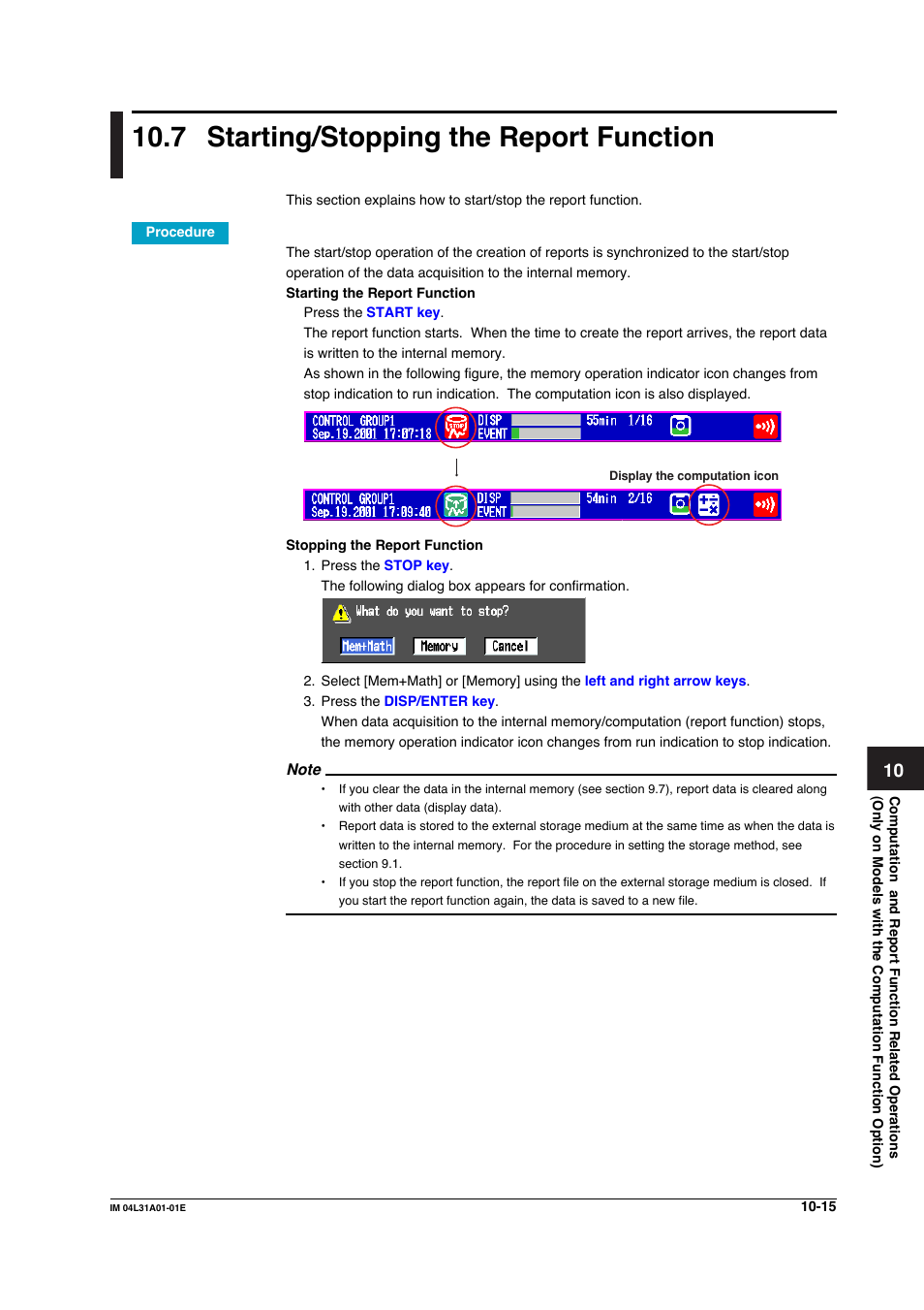 7 starting/stopping the report function, Starting/stopping the report function -15 | Yokogawa Data Acquisition with PID Control CX2000 User Manual | Page 314 / 427