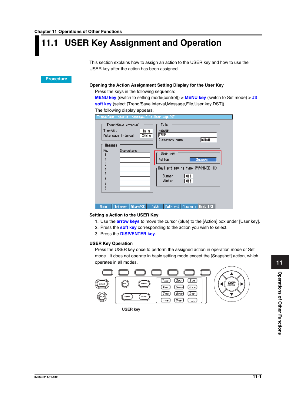 Chapter 11 operations of other functions, 1 user key assignment and operation, User key assignment and operation -1 | Yokogawa Data Acquisition with PID Control CX2000 User Manual | Page 315 / 427