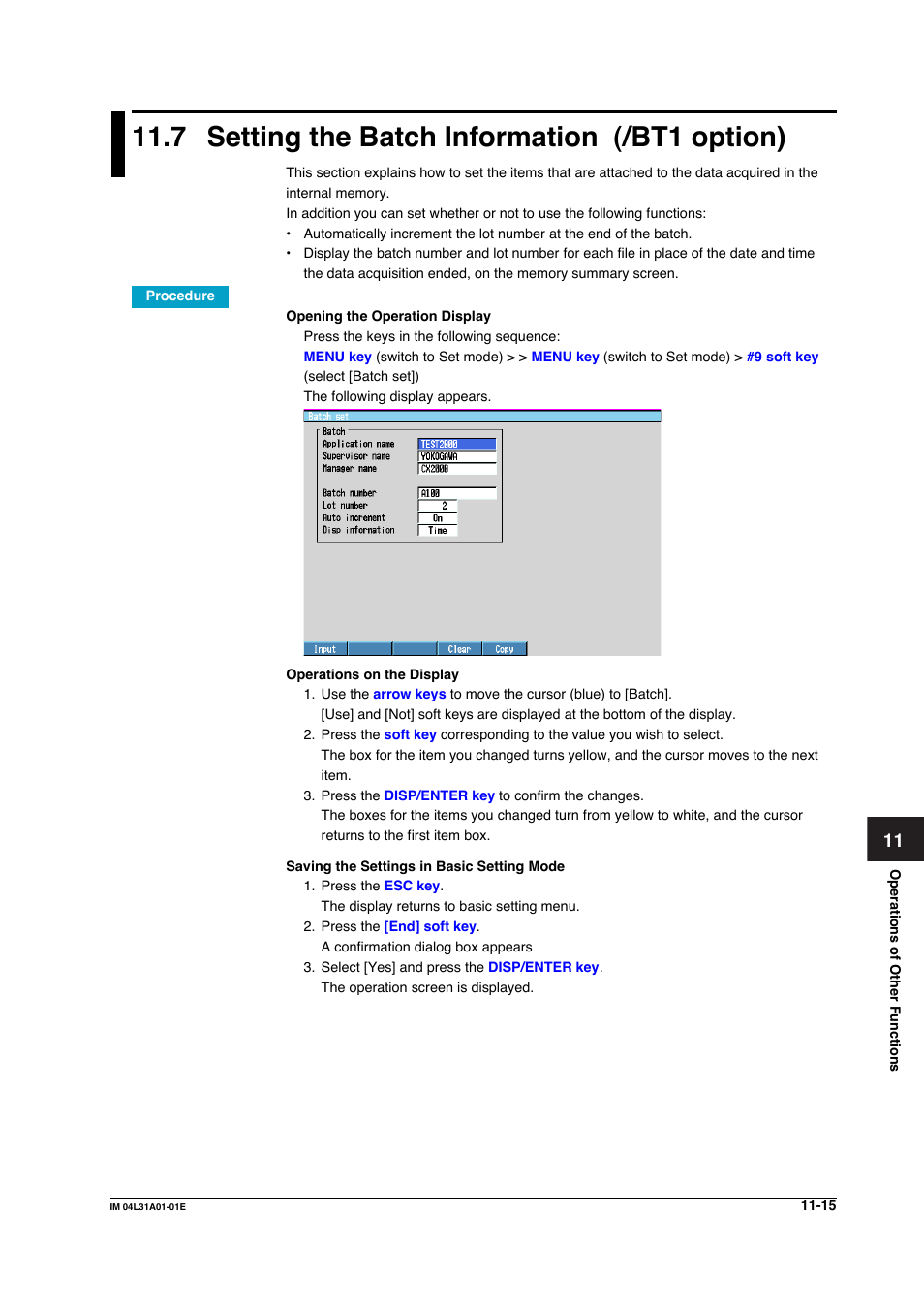 7 setting the batch information (/bt1 option), Setting the batch information (/bt1 option) -15 | Yokogawa Data Acquisition with PID Control CX2000 User Manual | Page 329 / 427