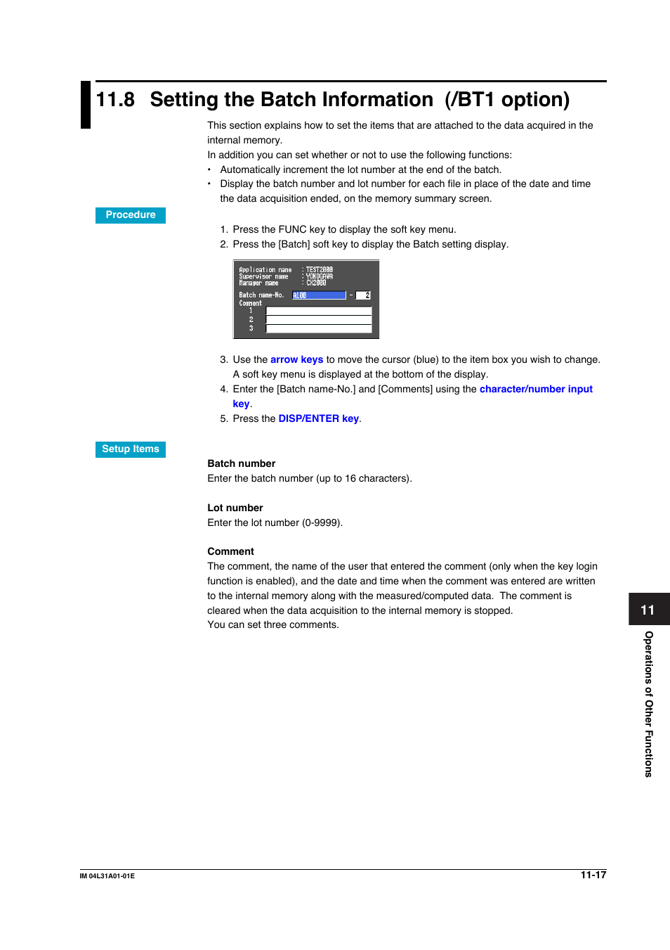 8 setting the batch information (/bt1 option), Setting the batch information (/bt1 option) -17 | Yokogawa Data Acquisition with PID Control CX2000 User Manual | Page 331 / 427