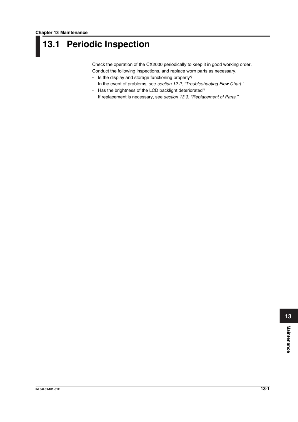 Chapter 13 maintenance, 1 periodic inspection, Periodic inspection -1 | Yokogawa Data Acquisition with PID Control CX2000 User Manual | Page 345 / 427