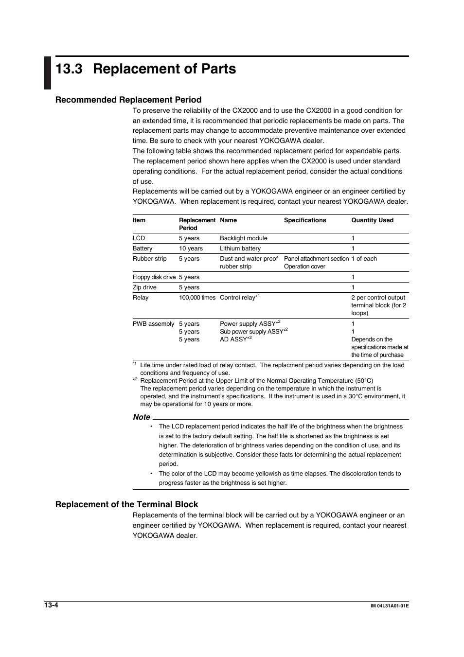 3 replacement of parts, Replacement of parts -4, Recommended replacement period | Replacement of the terminal block | Yokogawa Data Acquisition with PID Control CX2000 User Manual | Page 348 / 427