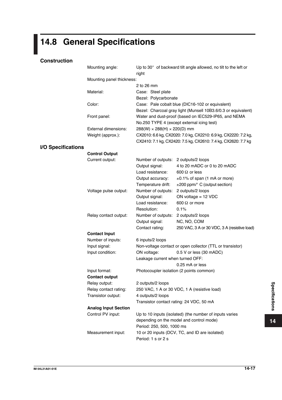 8 general specifications, General specifications -17 | Yokogawa Data Acquisition with PID Control CX2000 User Manual | Page 365 / 427