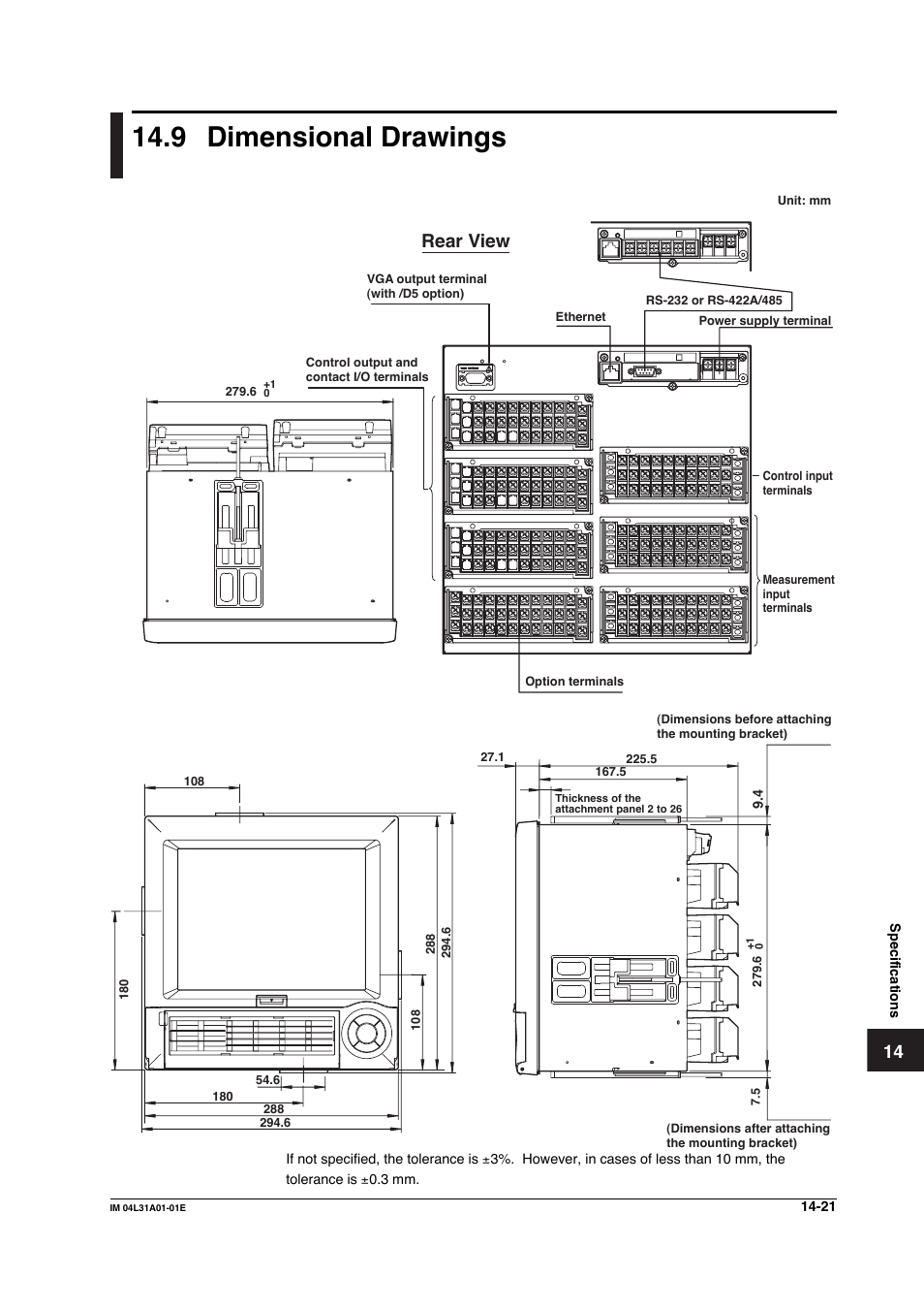 9 dimensional drawings, Dimensional drawings -21, Rear view | Yokogawa Data Acquisition with PID Control CX2000 User Manual | Page 369 / 427