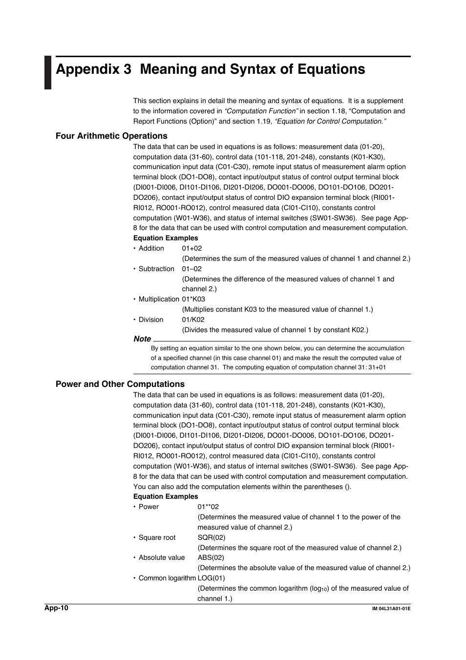 Appendix 3 meaning and syntax of equations, Appendix 3 | Yokogawa Data Acquisition with PID Control CX2000 User Manual | Page 379 / 427