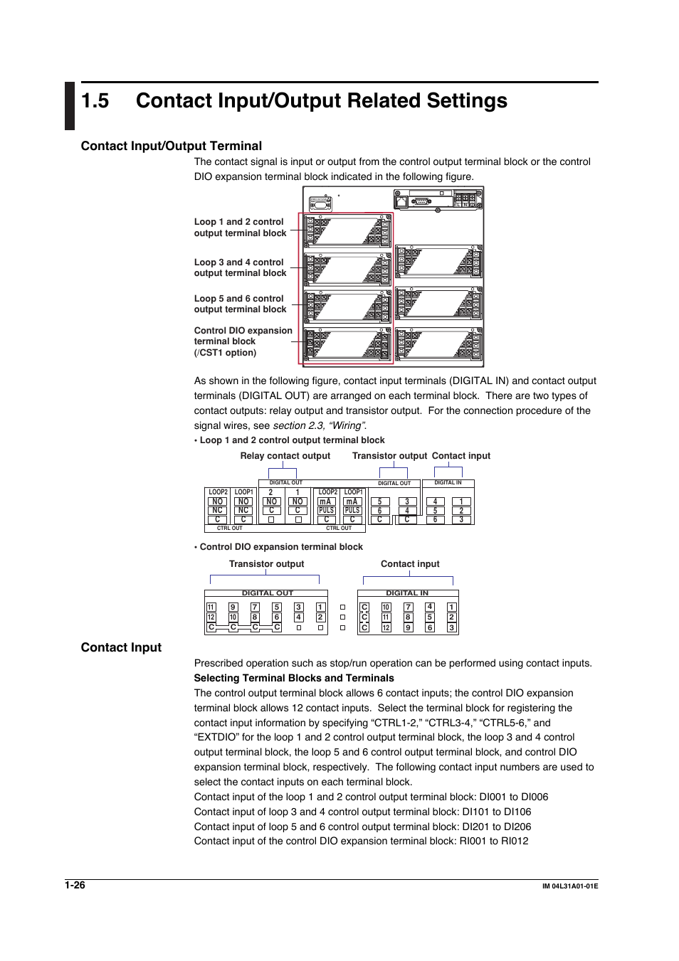 5 contact input/output related settings, Contact input/output related settings -26, Contact input/output terminal | Contact input | Yokogawa Data Acquisition with PID Control CX2000 User Manual | Page 38 / 427