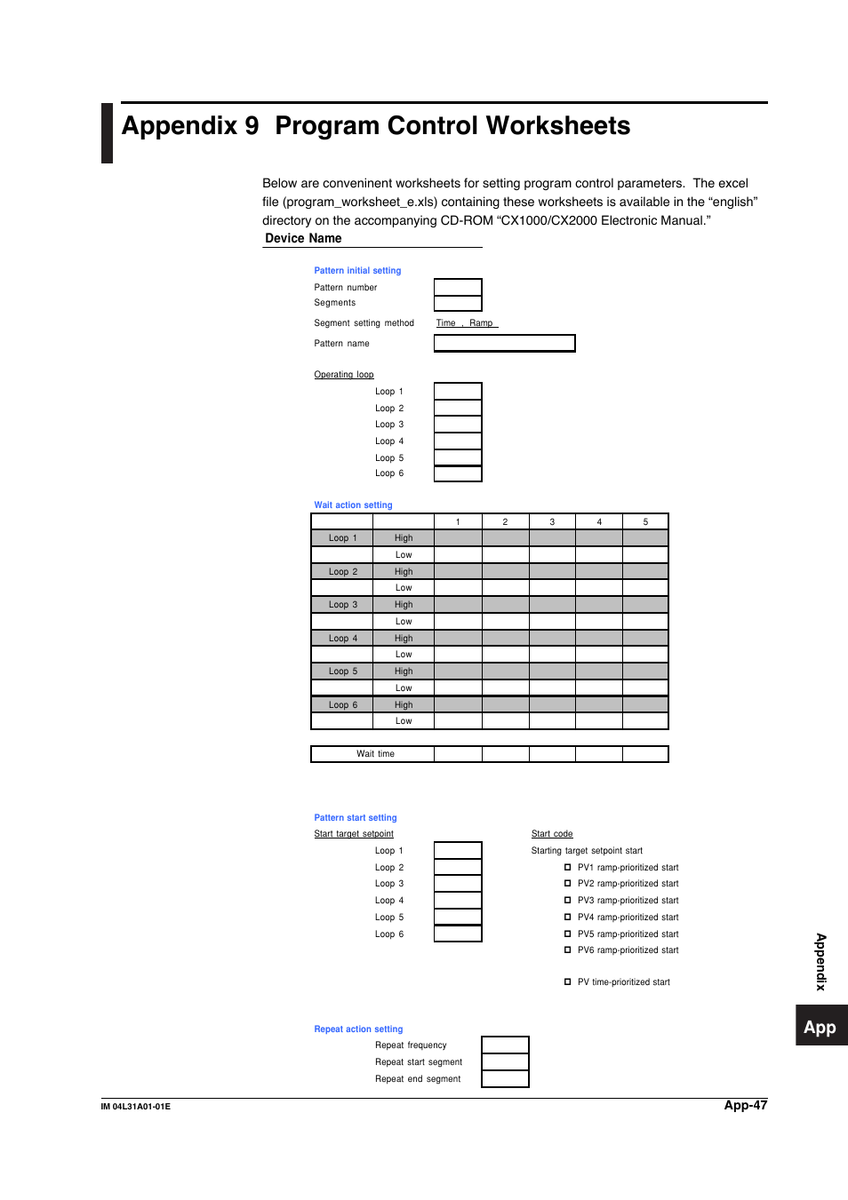 Appendix 9 program control worksheets, Appendix 9 | Yokogawa Data Acquisition with PID Control CX2000 User Manual | Page 416 / 427