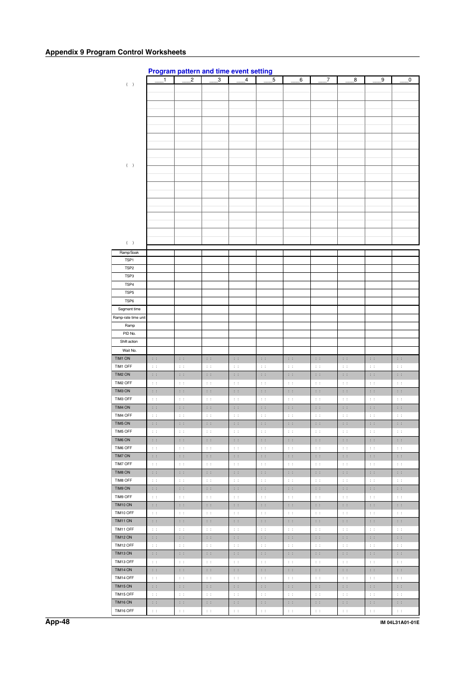 App-48, Appendix 9 program control worksheets, Program pattern and time event setting | Yokogawa Data Acquisition with PID Control CX2000 User Manual | Page 417 / 427