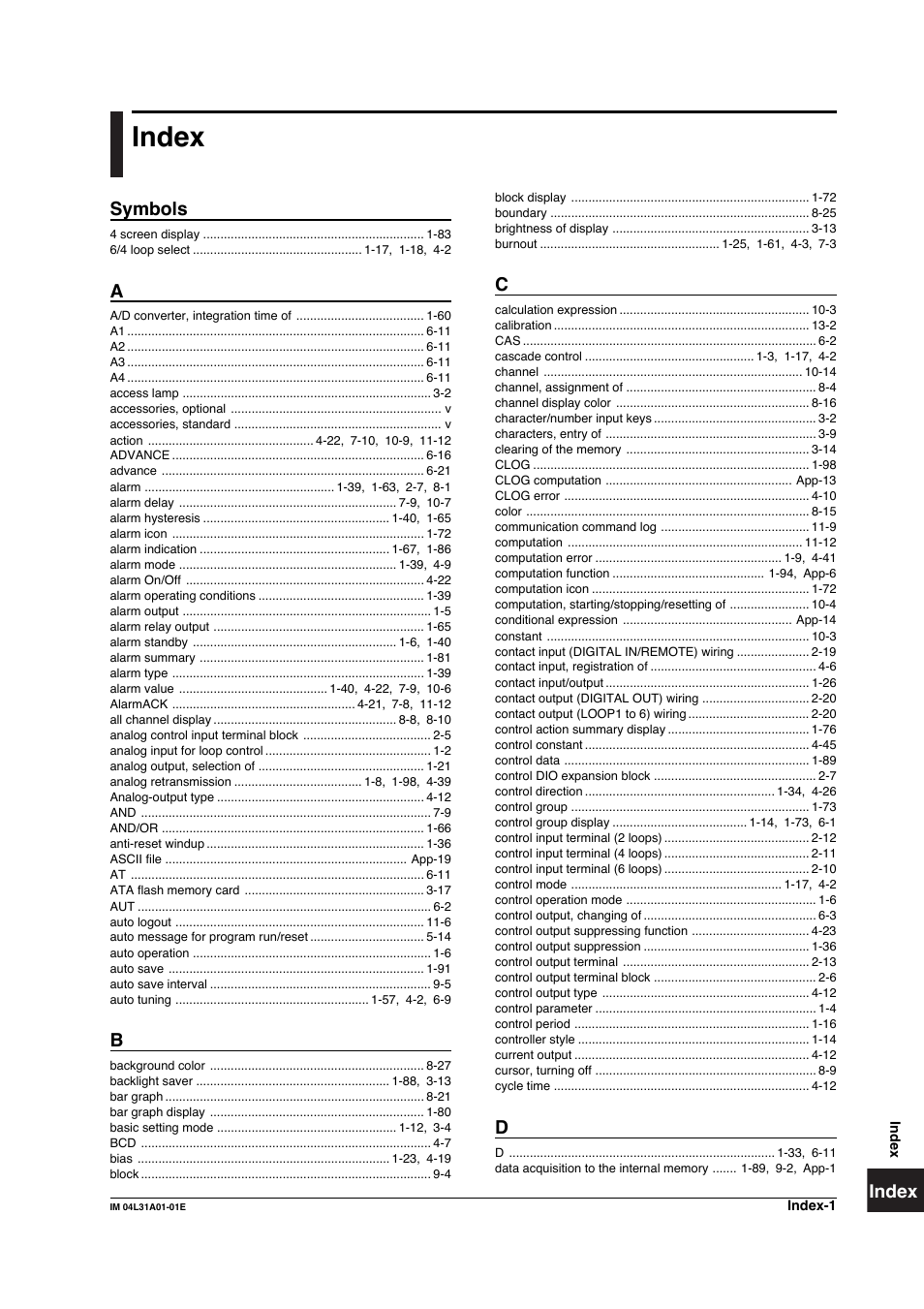 Index | Yokogawa Data Acquisition with PID Control CX2000 User Manual | Page 423 / 427