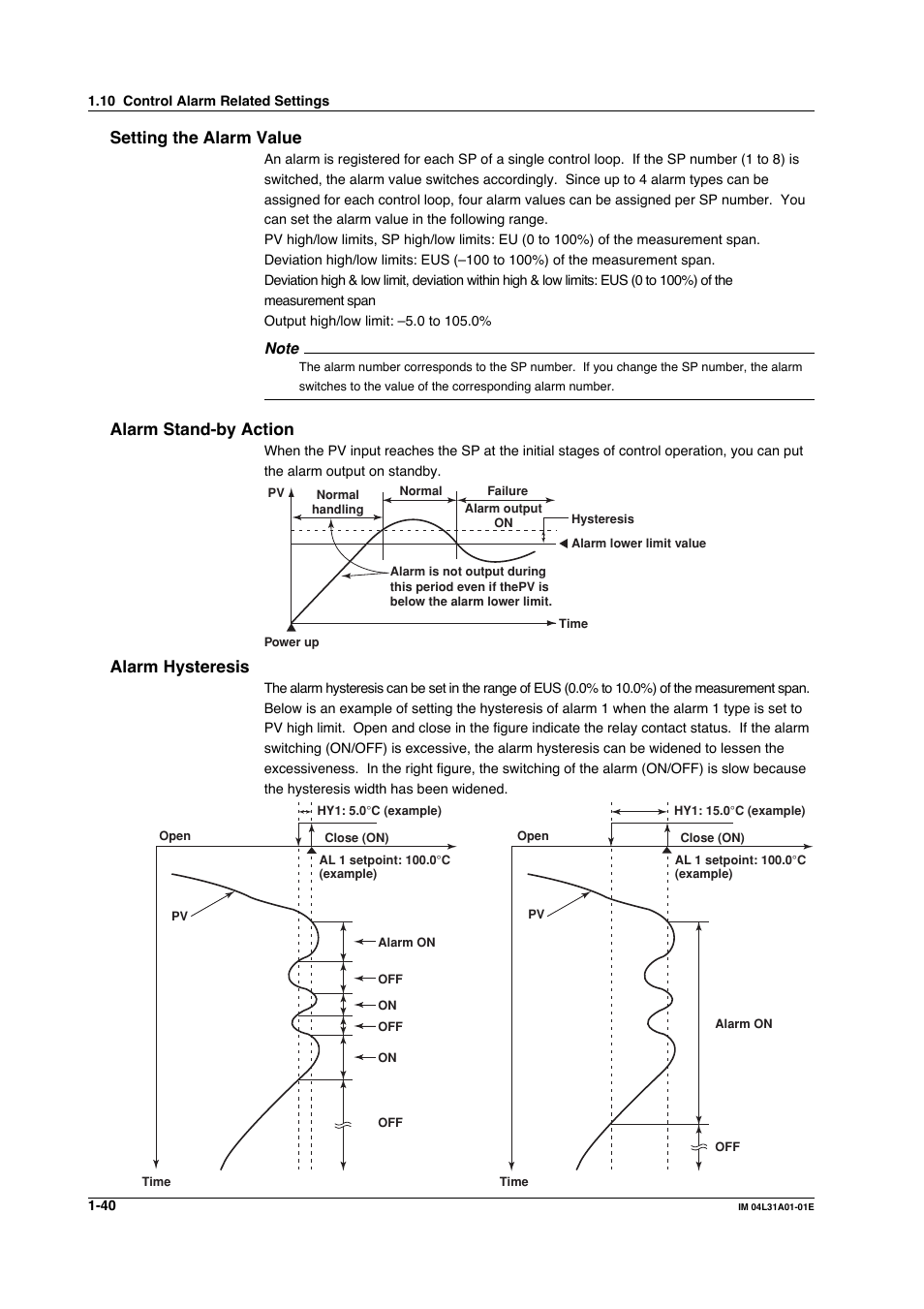 Setting the alarm value, Alarm stand-by action, Alarm hysteresis | Yokogawa Data Acquisition with PID Control CX2000 User Manual | Page 52 / 427