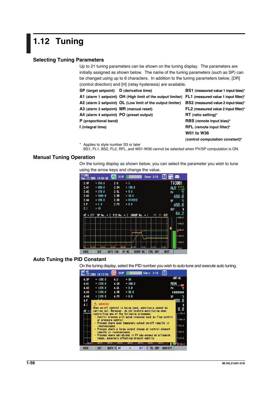 12 tuning, Tuning -56, Selecting tuning parameters | Manual tuning operation, Auto tuning the pid constant | Yokogawa Data Acquisition with PID Control CX2000 User Manual | Page 68 / 427