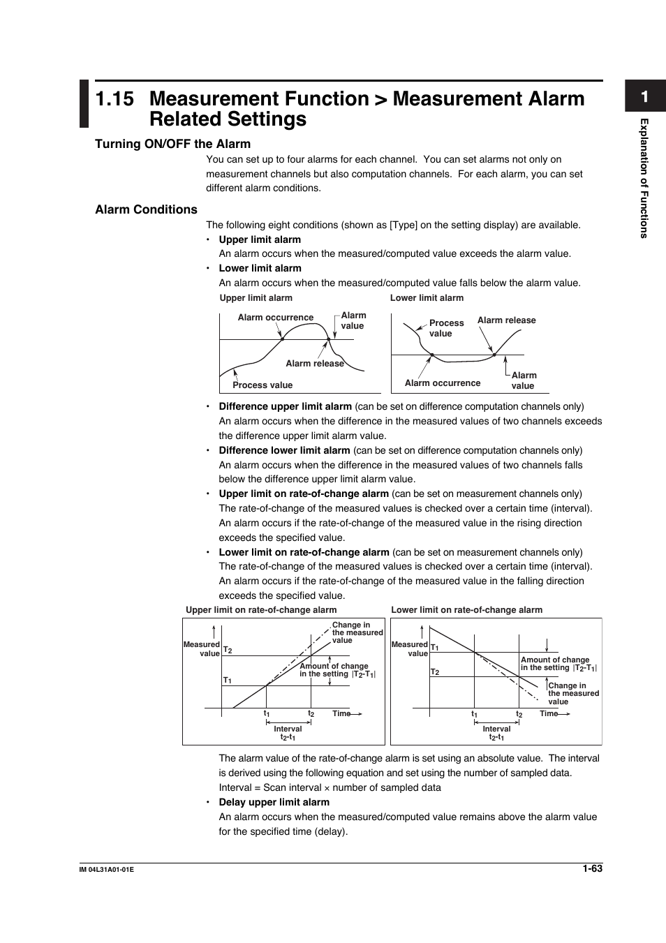 Turning on/off the alarm, Alarm conditions | Yokogawa Data Acquisition with PID Control CX2000 User Manual | Page 75 / 427