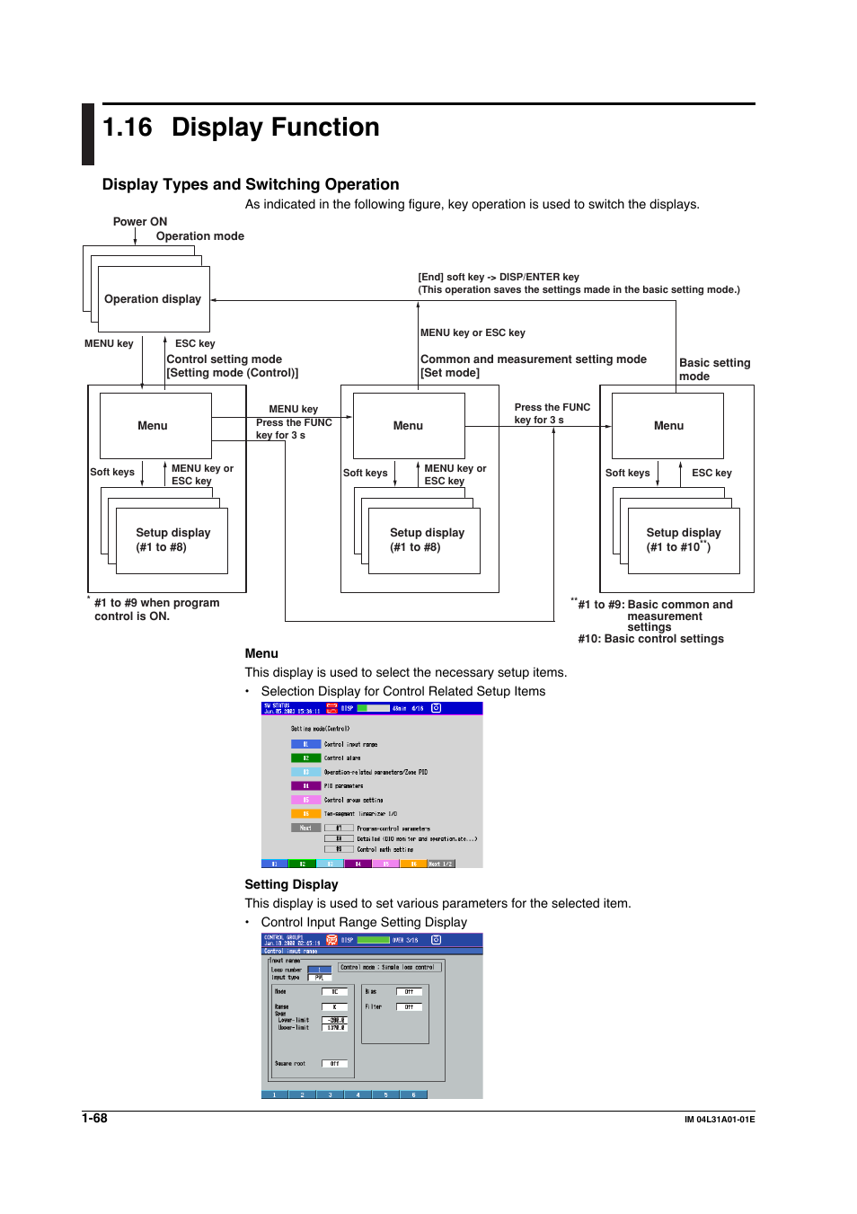 16 display function, Display function -68, Display types and switching operation | Yokogawa Data Acquisition with PID Control CX2000 User Manual | Page 80 / 427