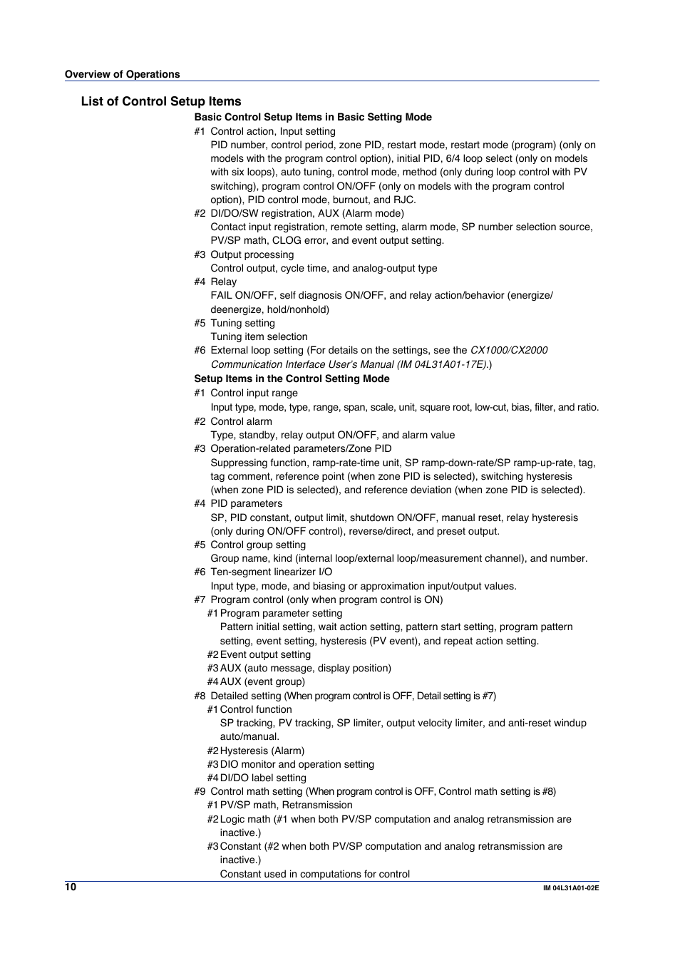 List of control setup items | Yokogawa Data Acquisition with PID Control CX2000 User Manual | Page 10 / 59