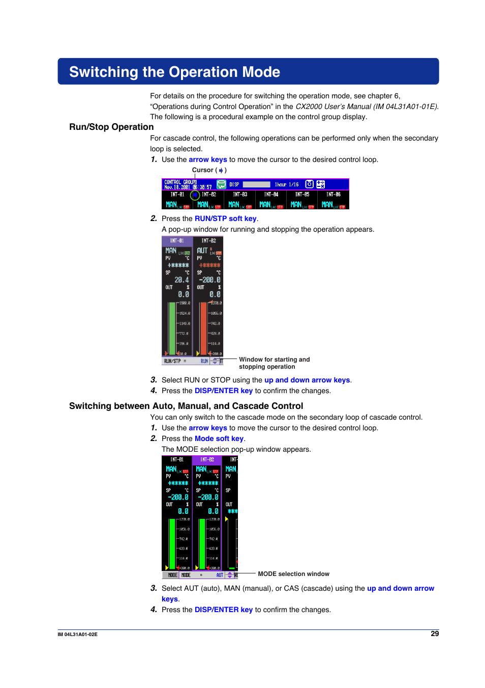 Switching the operation mode, Run/stop operation | Yokogawa Data Acquisition with PID Control CX2000 User Manual | Page 29 / 59