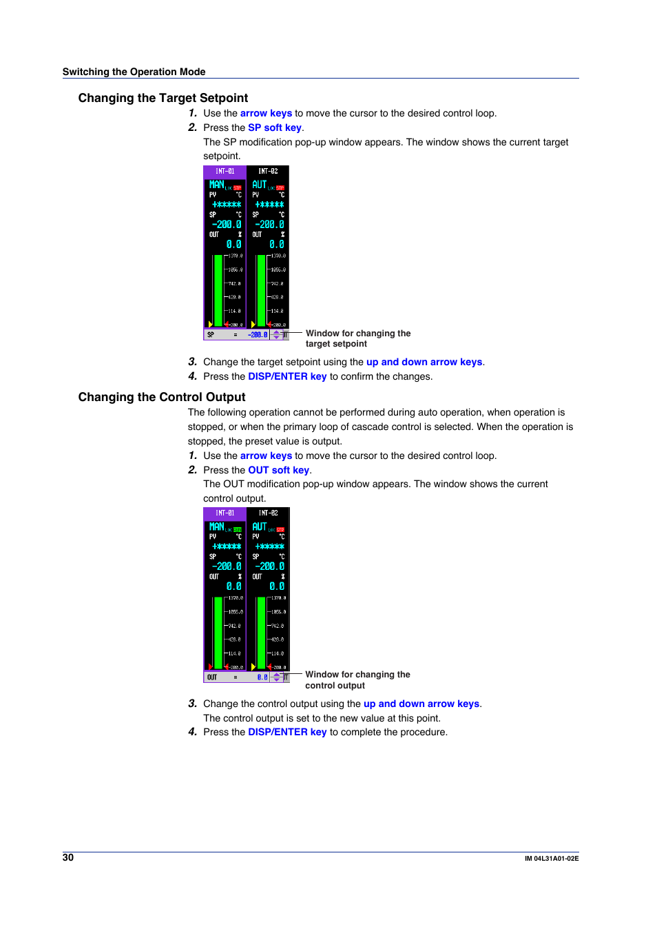 Changing the target setpoint, Changing the control output | Yokogawa Data Acquisition with PID Control CX2000 User Manual | Page 30 / 59
