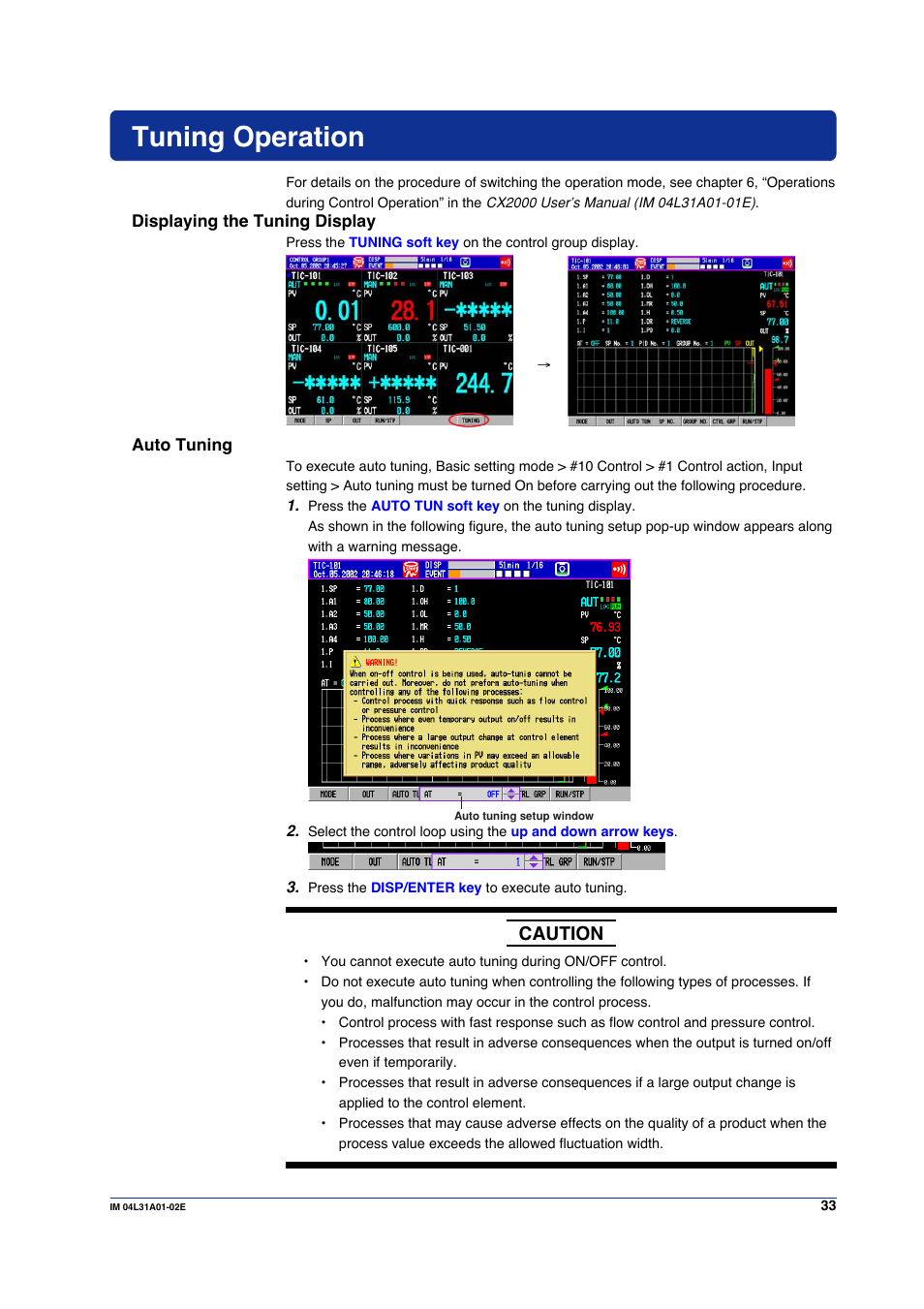 Tuning operation, Displaying the tuning display, Auto tuning | Caution | Yokogawa Data Acquisition with PID Control CX2000 User Manual | Page 33 / 59