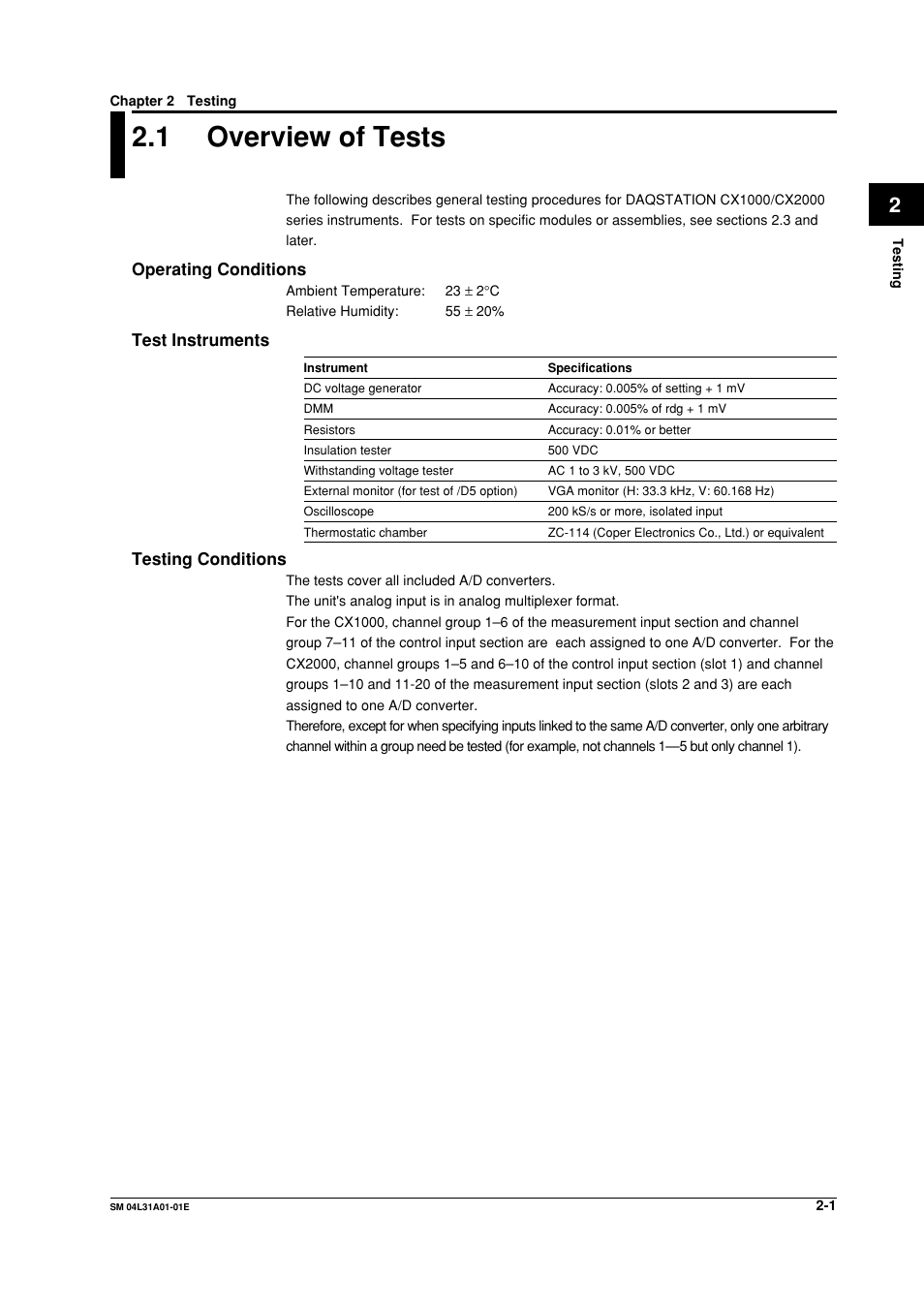 Chapter 2 testing, 1 overview of tests, Overview of tests -1 | Yokogawa Data Acquisition with PID Control CX2000 User Manual | Page 10 / 62
