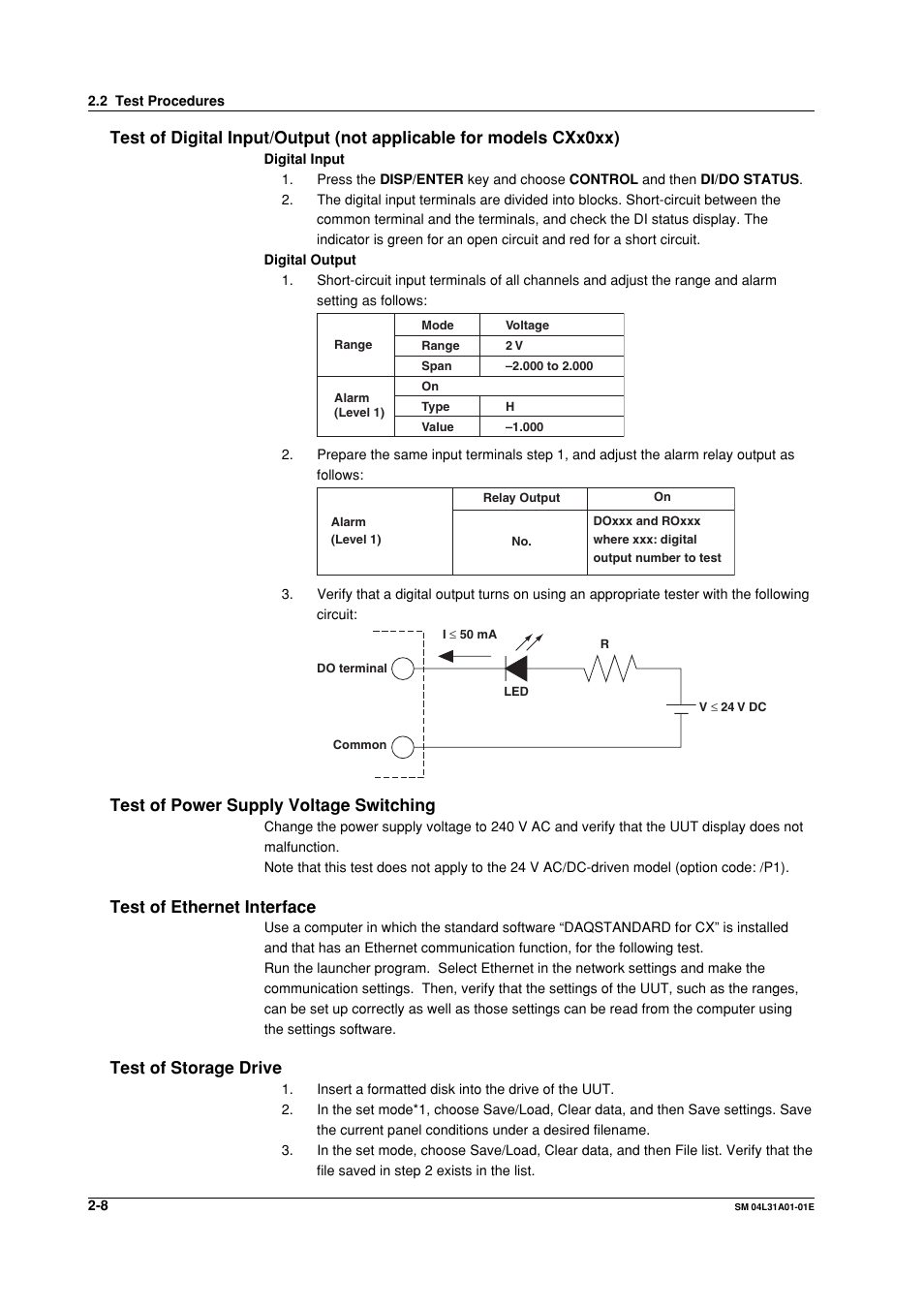 Test of power supply voltage switching, Test of ethernet interface, Test of storage drive | Yokogawa Data Acquisition with PID Control CX2000 User Manual | Page 17 / 62