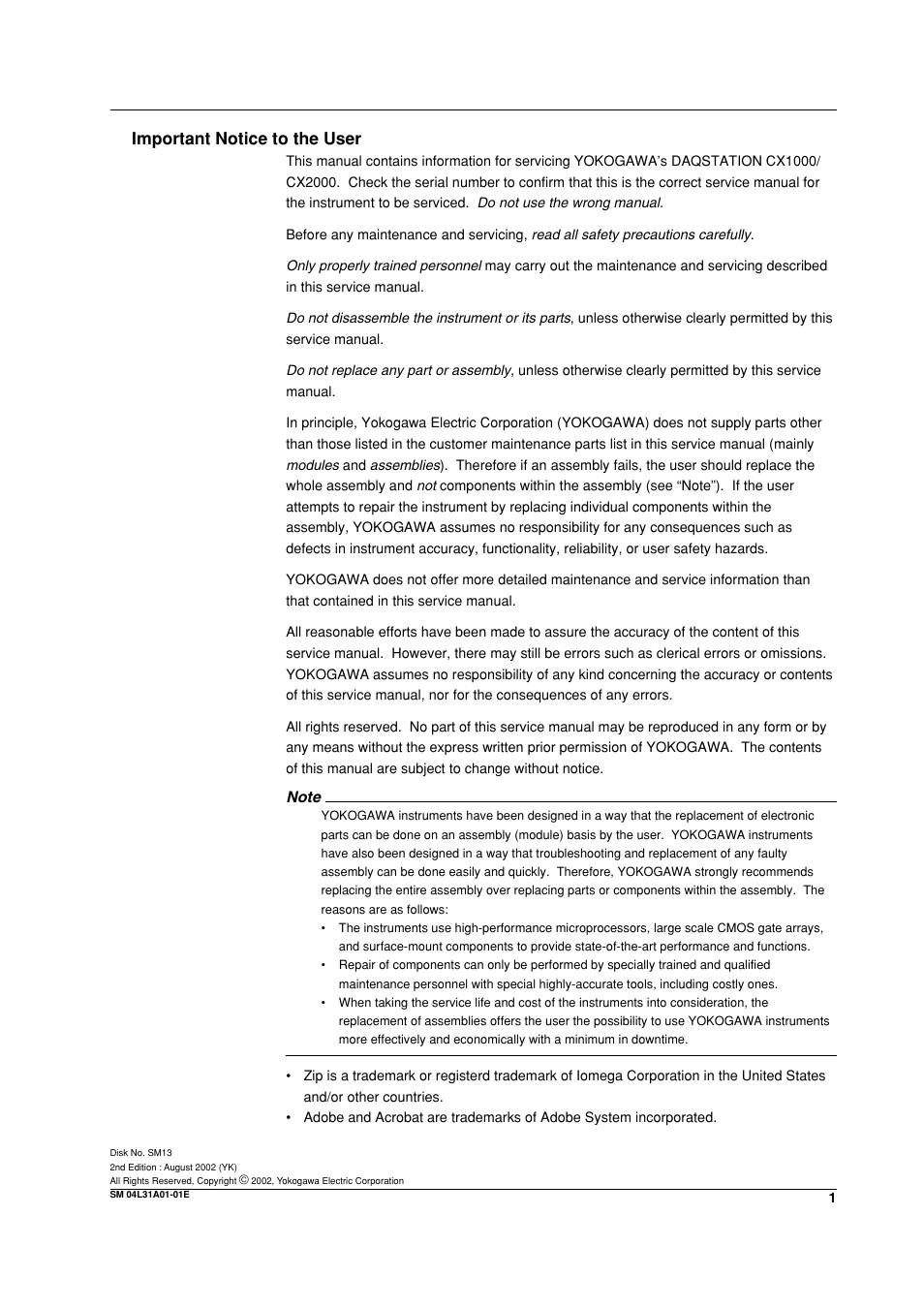 Important notice to the user | Yokogawa Data Acquisition with PID Control CX2000 User Manual | Page 2 / 62