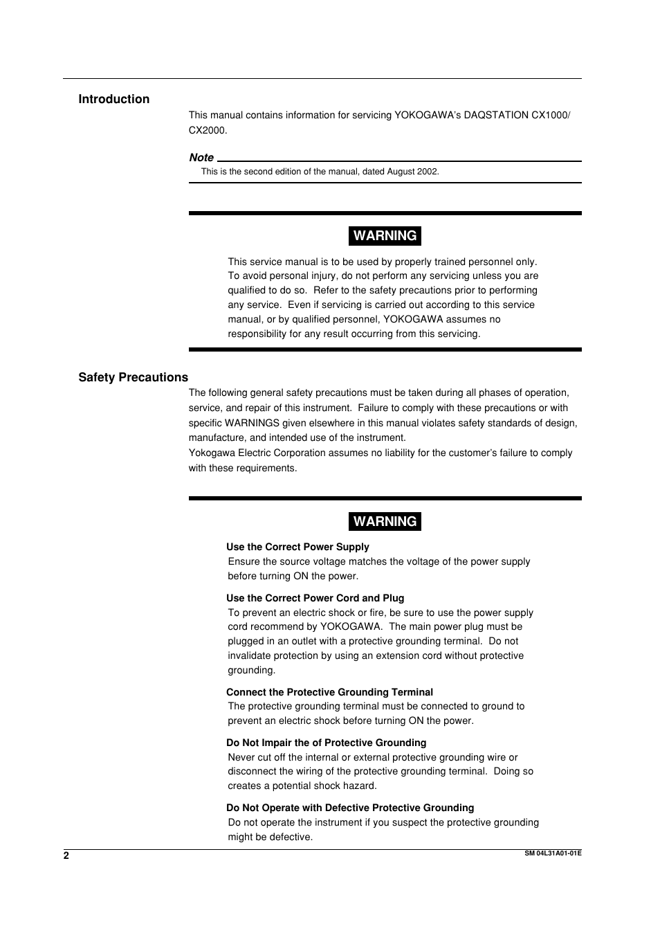Introduction, Safety precautions, Warning | Yokogawa Data Acquisition with PID Control CX2000 User Manual | Page 3 / 62