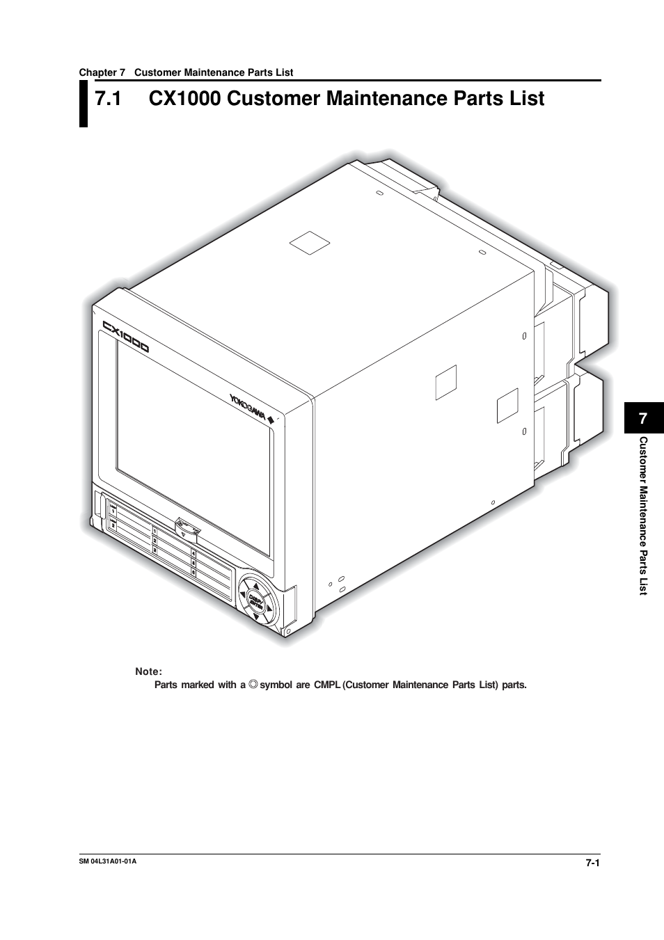 Chapter 7 customer maintenance parts list, 1 cx1000 customer maintenance parts list, Cx1000 customer maintenance parts list -1 | Yokogawa Data Acquisition with PID Control CX2000 User Manual | Page 37 / 62