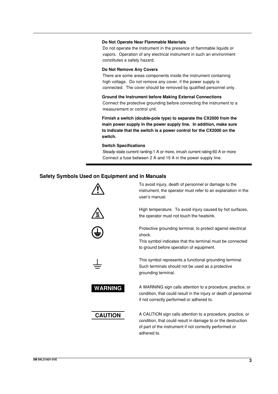 Safety symbols used on equipment and in manuals, Warning, Caution | Yokogawa Data Acquisition with PID Control CX2000 User Manual | Page 4 / 62