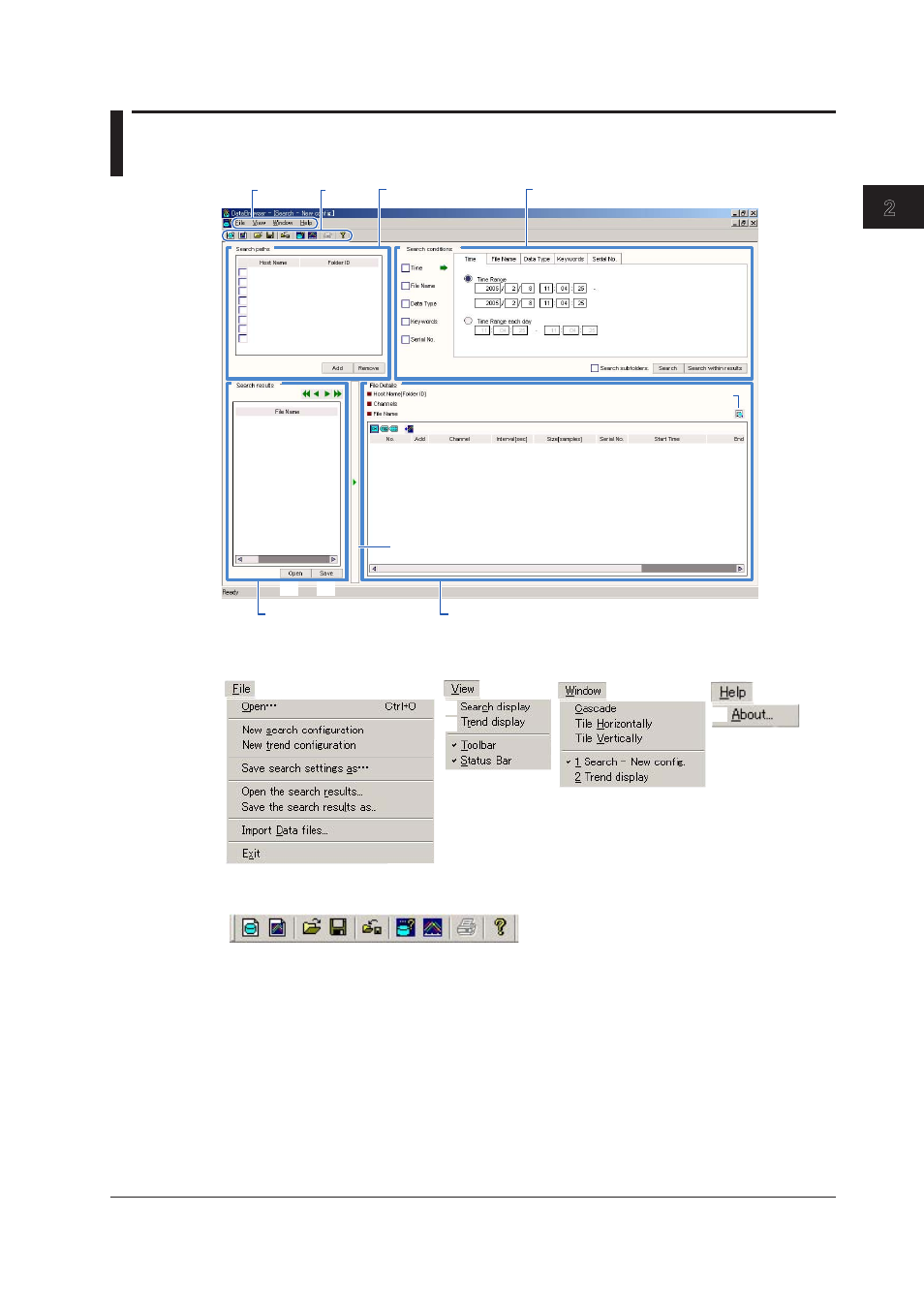 Chapter 2 operation of the data search window, 1 names of parts in the data search window, Chapter 2 operaton of the data search wndow | 1 names of parts in the data search window -1, 1 names of parts n the data search wndow, Index | Yokogawa DAQWORX User Manual | Page 13 / 68