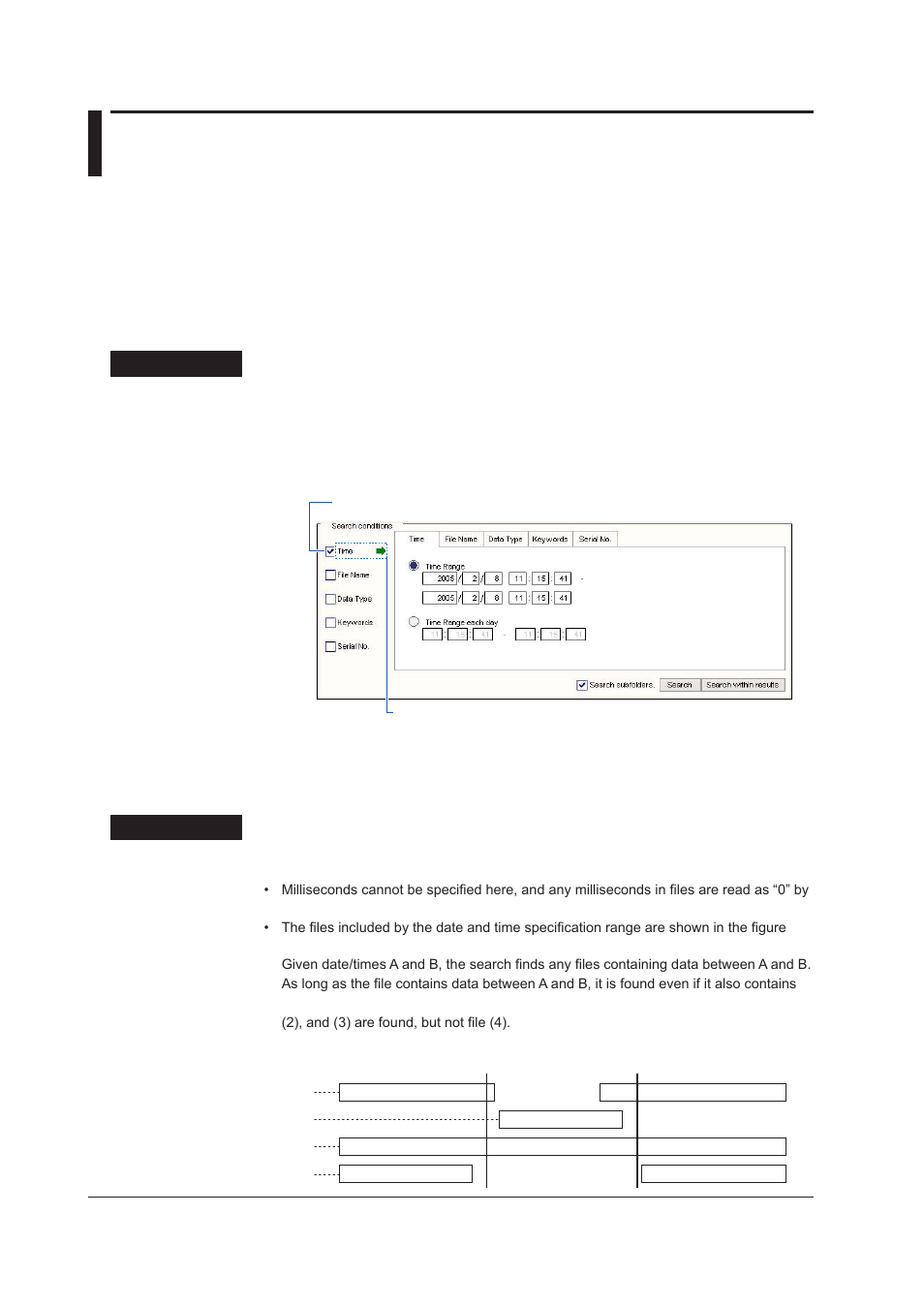 3 specifying search conditions, Specifying a date and/or time range, 3 specifying search conditions -6 | Specifying a date and/or time range -6, 3 specfyng search condtons, Specfyng a date and/or tme range | Yokogawa DAQWORX User Manual | Page 18 / 68