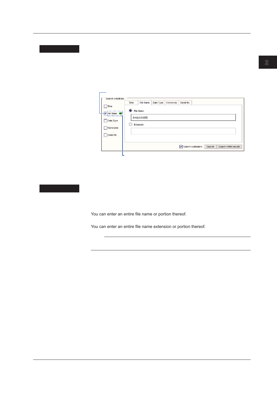 Specifying a file name or extension, Specifying a file name or extension -7, Index specfyng a fle name or extenson | Yokogawa DAQWORX User Manual | Page 19 / 68