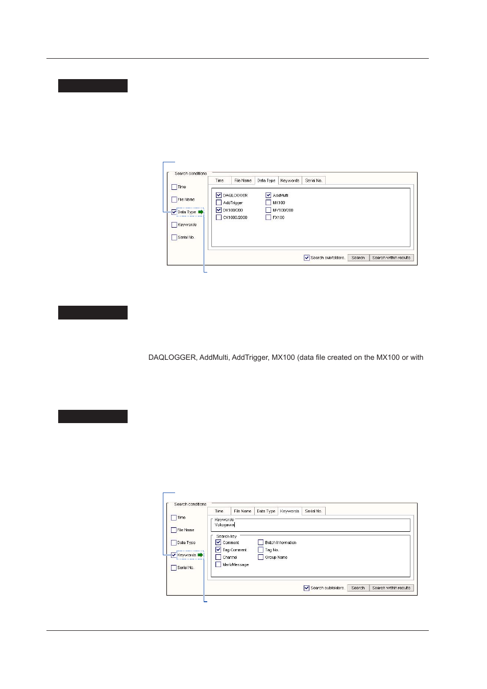 Specifying data types, Specifying keywords, Specifying data types -8 | Specifying keywords -8, Specfyng data types, Specfyng keywords | Yokogawa DAQWORX User Manual | Page 20 / 68
