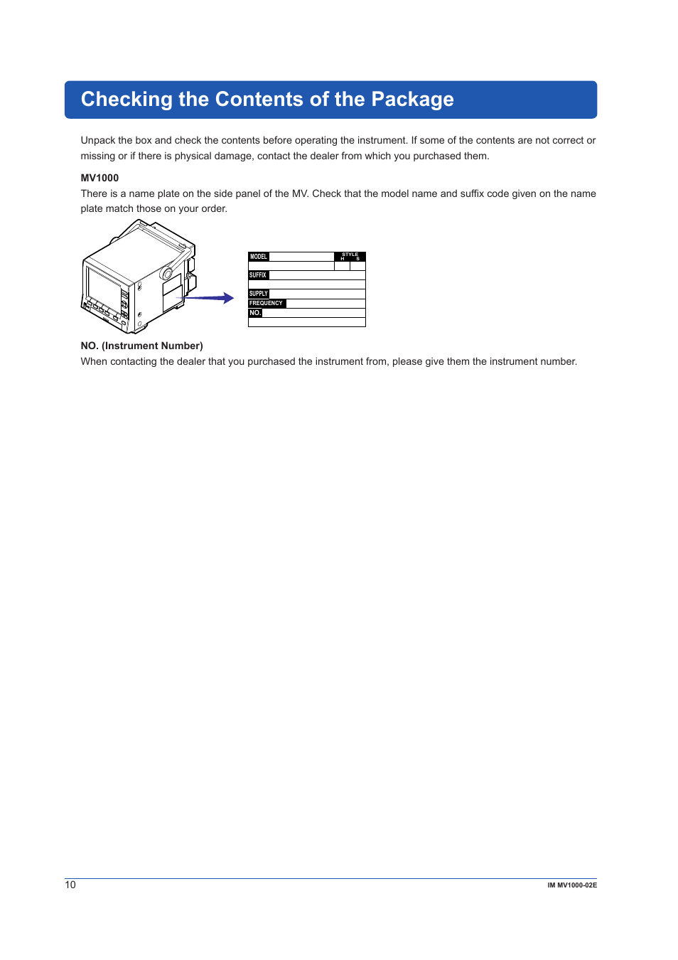 Checking the contents of the package | Yokogawa Button Operated MV2000 User Manual | Page 10 / 57