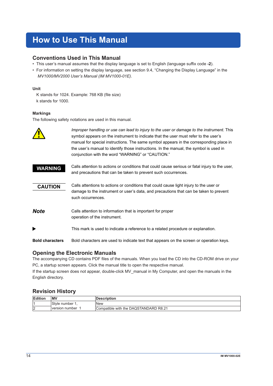 How to use this manual, Conventions used in this manual, Opening the electronic manuals | Revision history | Yokogawa Button Operated MV2000 User Manual | Page 14 / 57