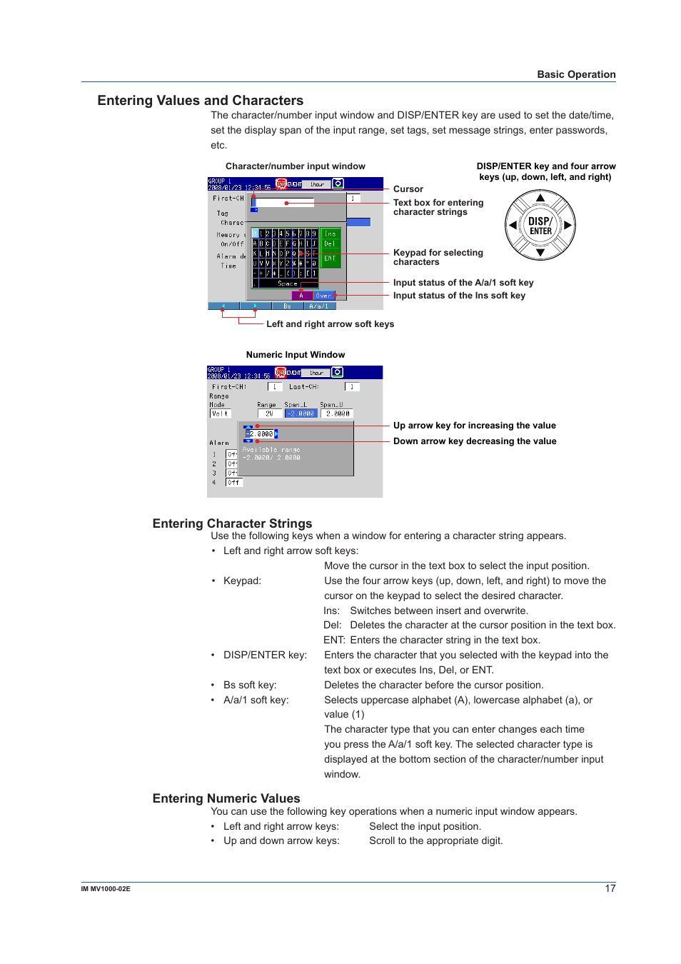 Entering values and characters, Entering character strings, Entering numeric values | Yokogawa Button Operated MV2000 User Manual | Page 17 / 57