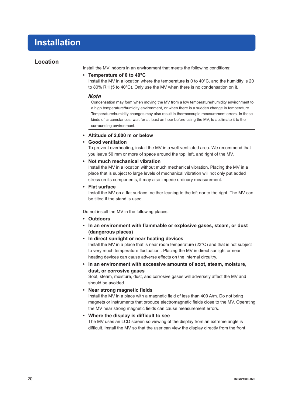 Installation, Location | Yokogawa Button Operated MV2000 User Manual | Page 20 / 57