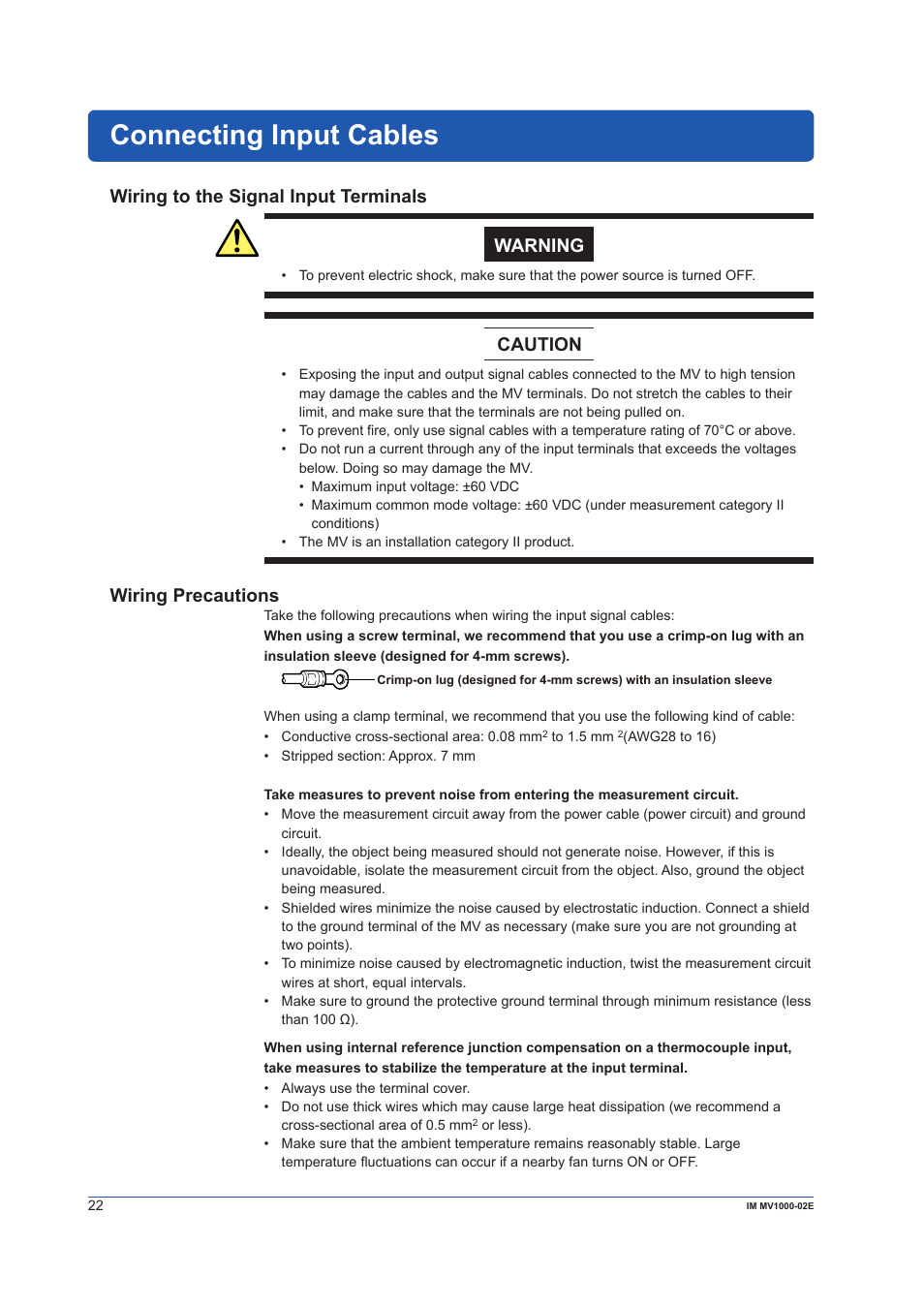 Connecting input cables, Wiring to the signal input terminals, Wiring precautions | Wiring to the signal input terminals warning, Caution | Yokogawa Button Operated MV2000 User Manual | Page 22 / 57