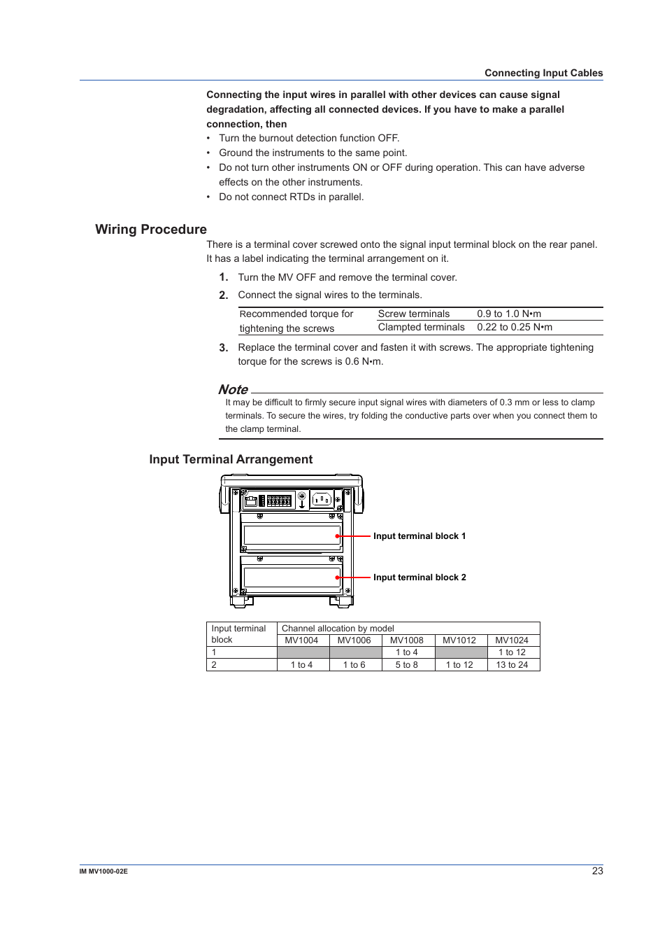 Wiring procedure, Input terminal arrangement | Yokogawa Button Operated MV2000 User Manual | Page 23 / 57