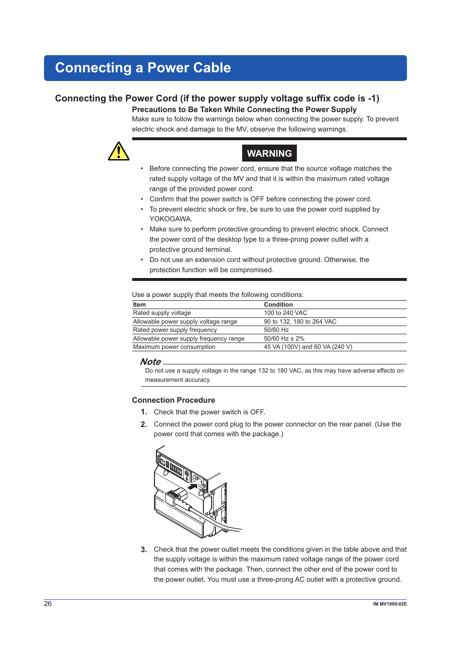 Connecting a power cable, Warning | Yokogawa Button Operated MV2000 User Manual | Page 26 / 57