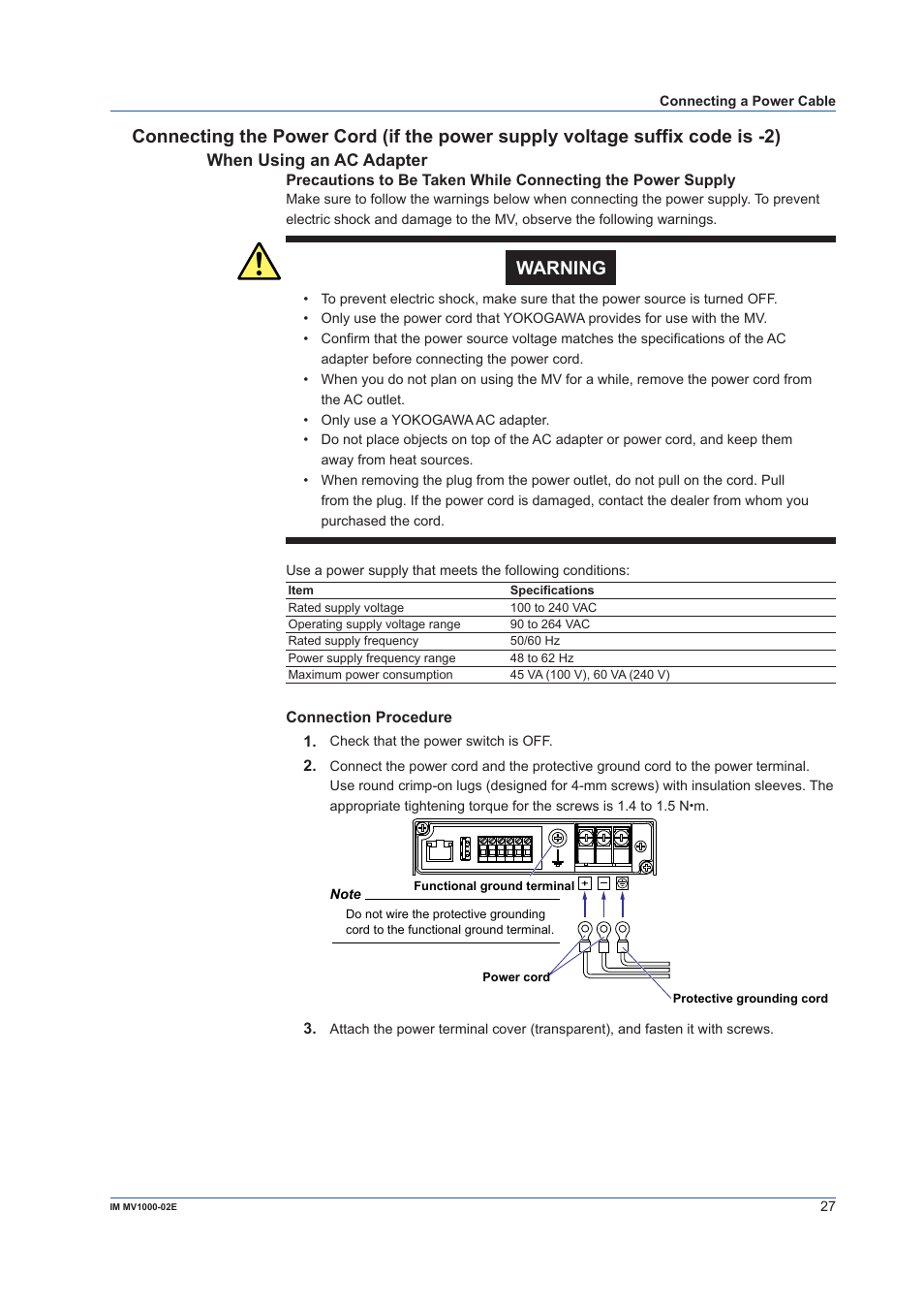 When using an ac adapter, Warning | Yokogawa Button Operated MV2000 User Manual | Page 27 / 57