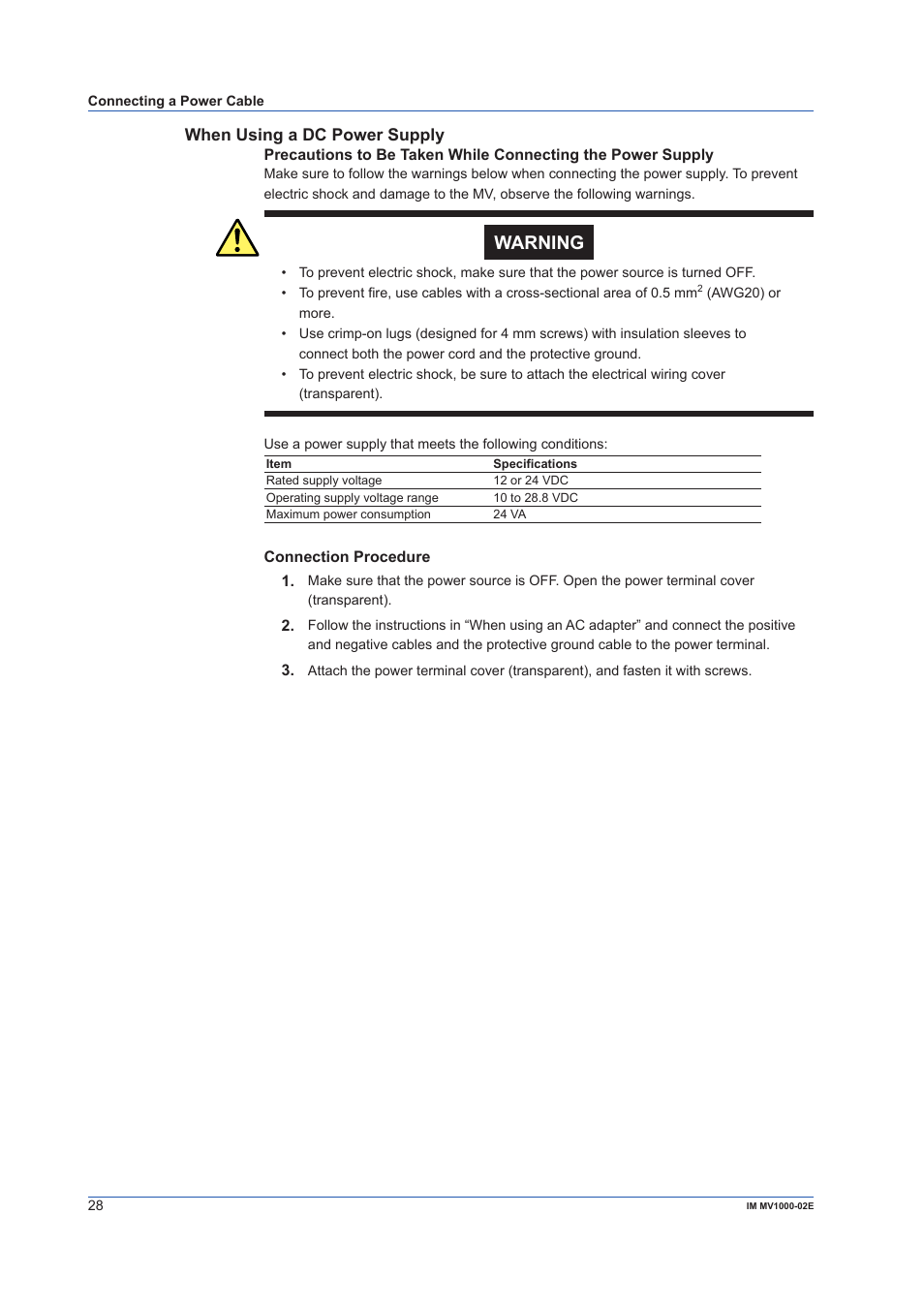 When using a dc power supply, Warning | Yokogawa Button Operated MV2000 User Manual | Page 28 / 57