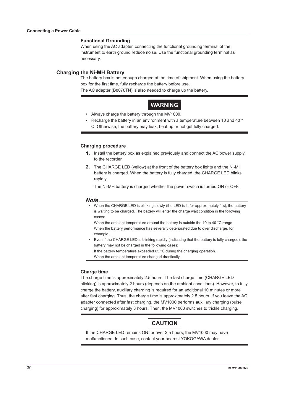 Charging the ni-mh battery, Warning, Caution | Yokogawa Button Operated MV2000 User Manual | Page 30 / 57