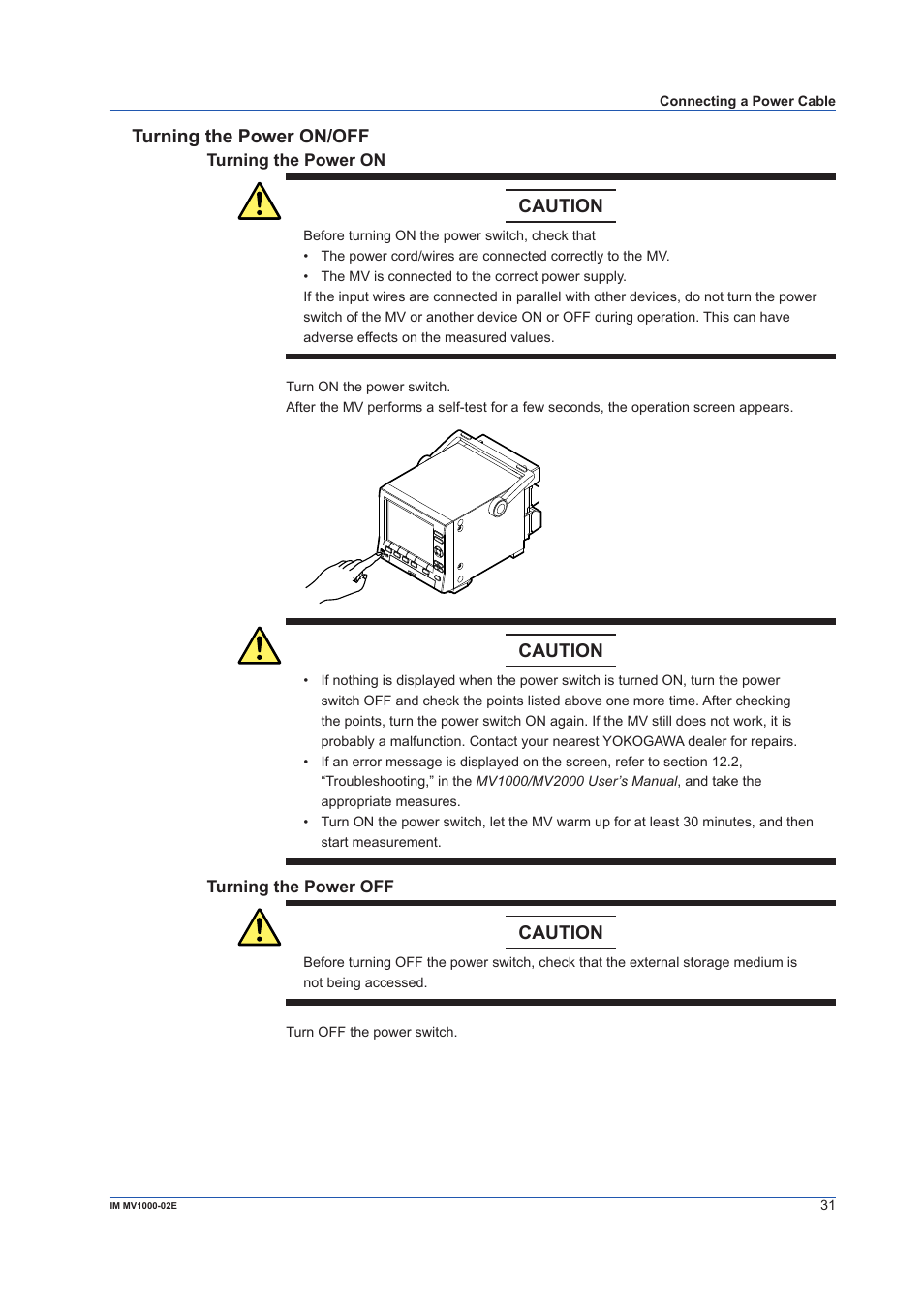 Turning the power on/off, Caution | Yokogawa Button Operated MV2000 User Manual | Page 31 / 57