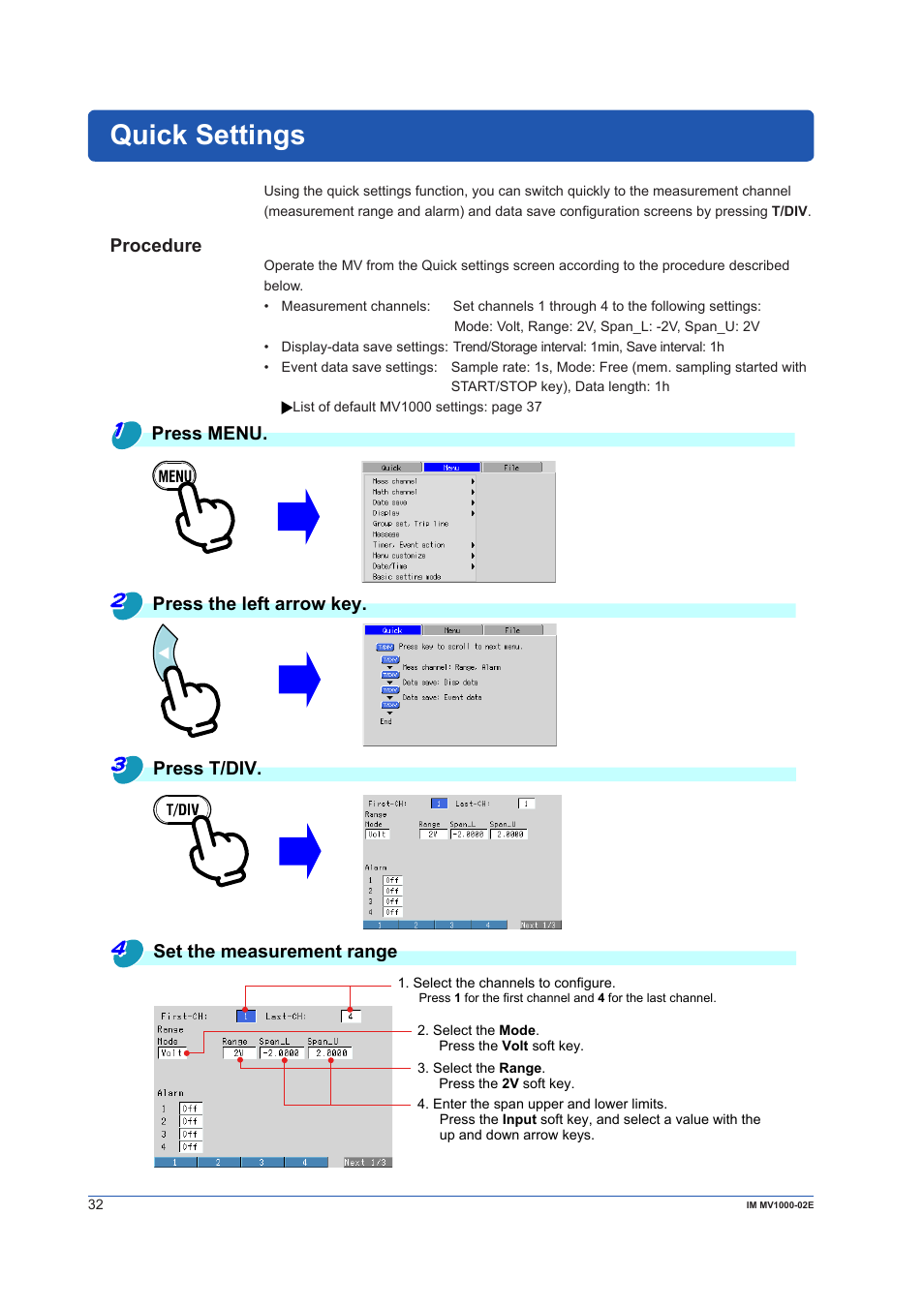 Quick settings, Procedure | Yokogawa Button Operated MV2000 User Manual | Page 32 / 57