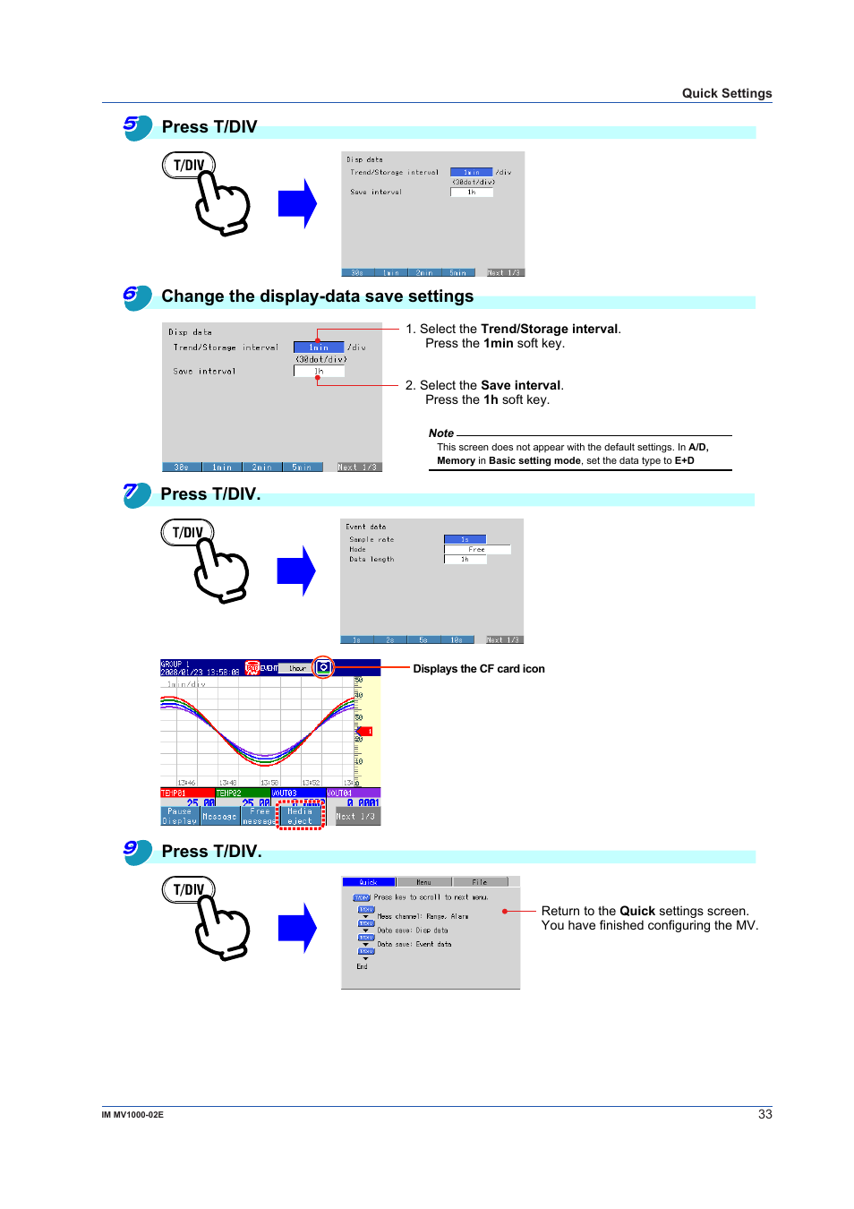 Press t/div change the display-data save settings, Press t/div | Yokogawa Button Operated MV2000 User Manual | Page 33 / 57